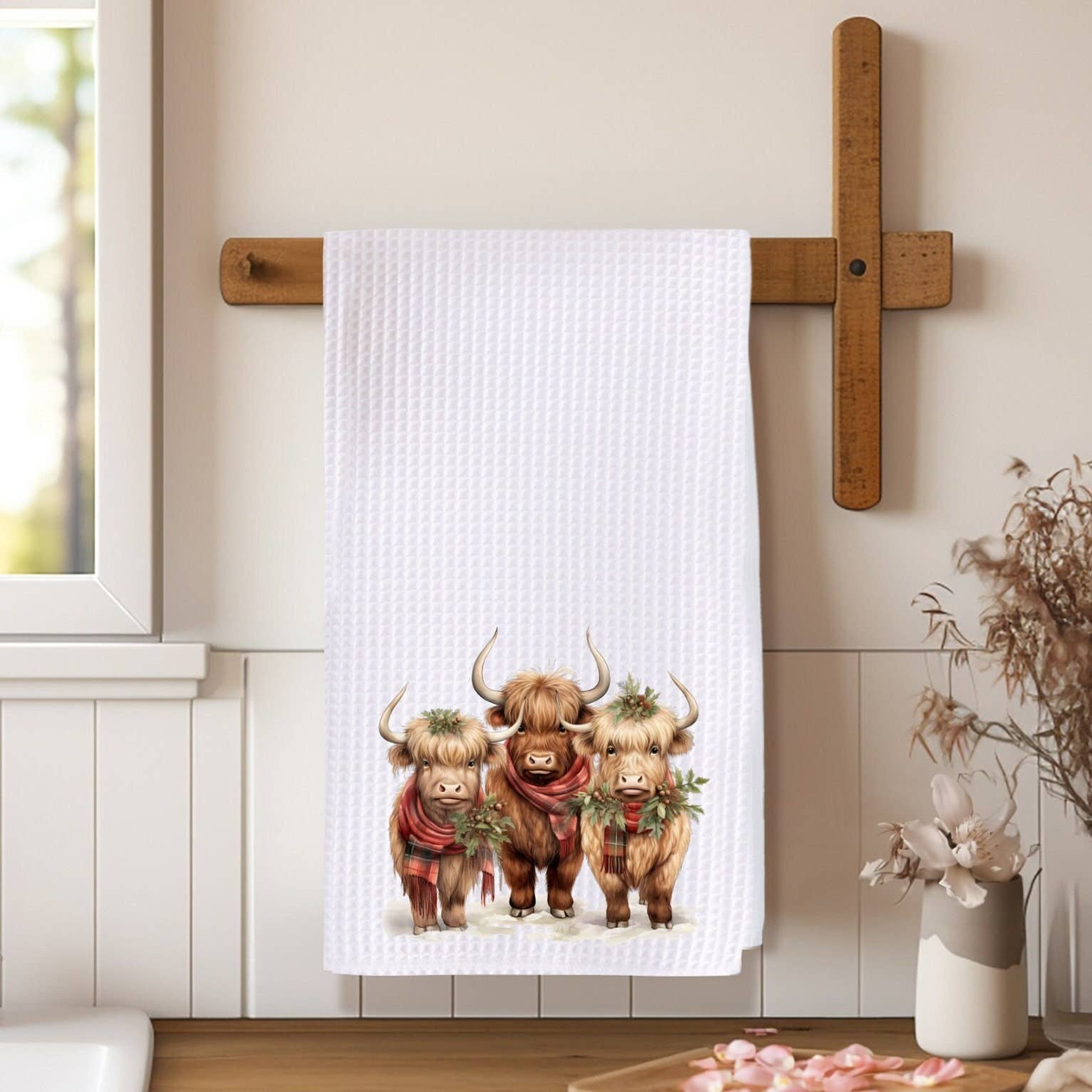 Highland Cow Trio Holiday Waffle Knit Ranch Farmhouse Kitchen Towel、mySite、g9winljtr