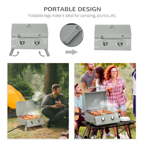 Outsunny 2 Burner Propane Gas Grill Outdoor Portable Tabletop BBQ with Foldable Legs, Lid, Thermometer for Camping, Picnic, Backyard, Light Grey、、eastwooduniform