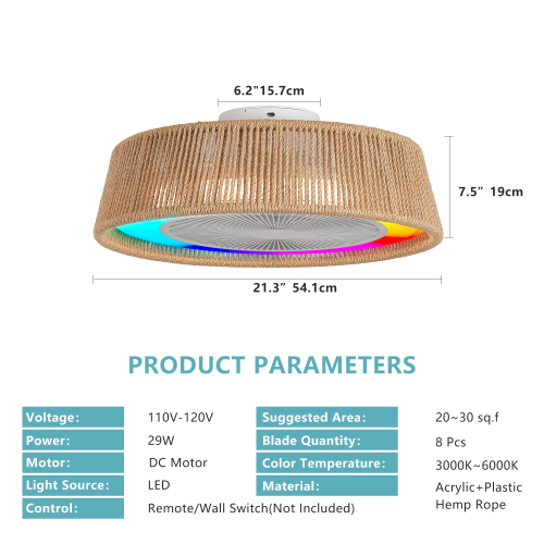 21" Modern Rustic Ceiling Fan Light with LED RGB Mood Lighting, Rope Woven Design, Quiet Fan, Semi Flush Mount for Bedroom, Living Room, or Dining Room ((Silent/6-Speed/Reversible/DC Motor))、、eastwooduniform