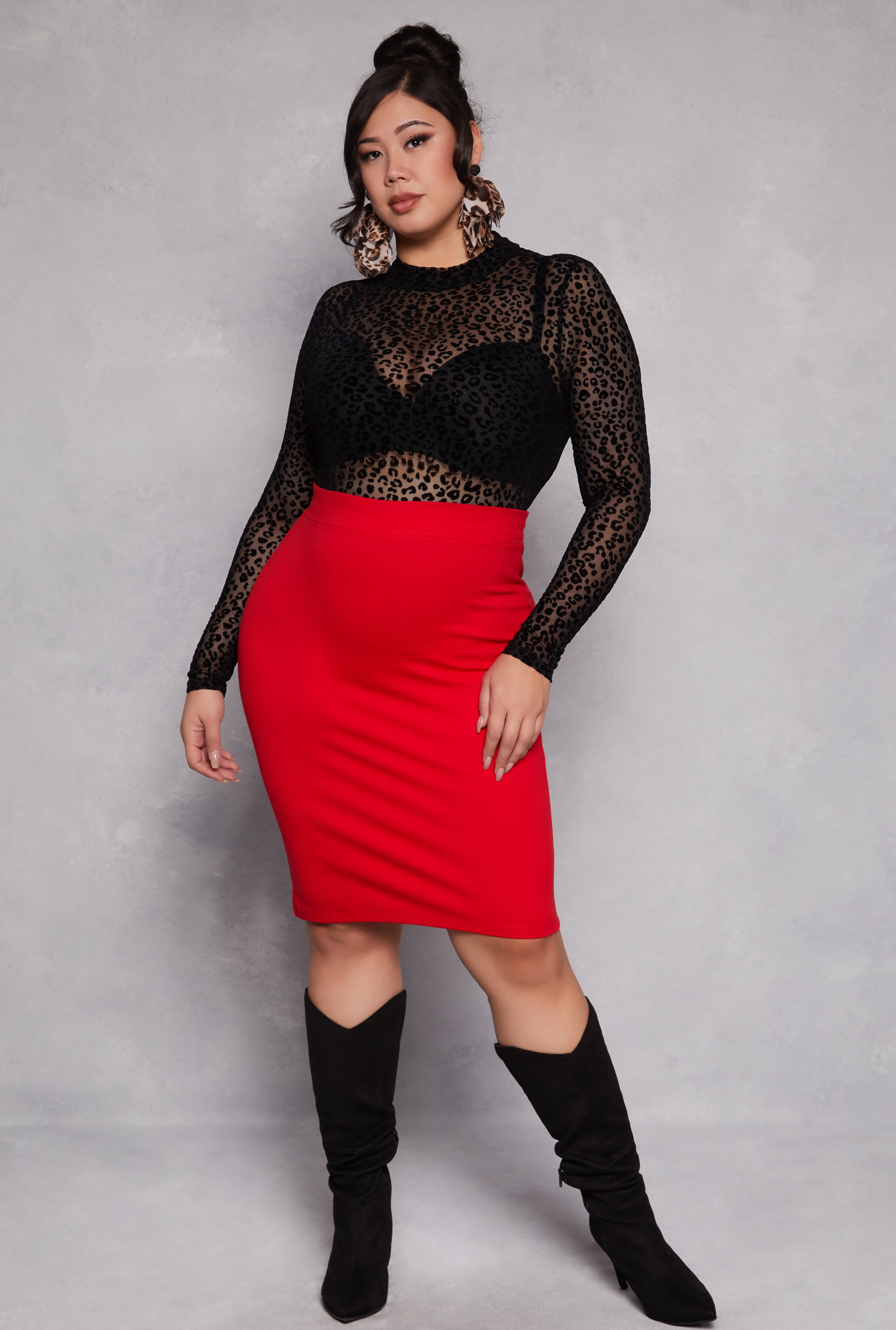 Plus Size Mesh Velvet Burnout Leopard Print Bodysuit、mySite、camillekostekn