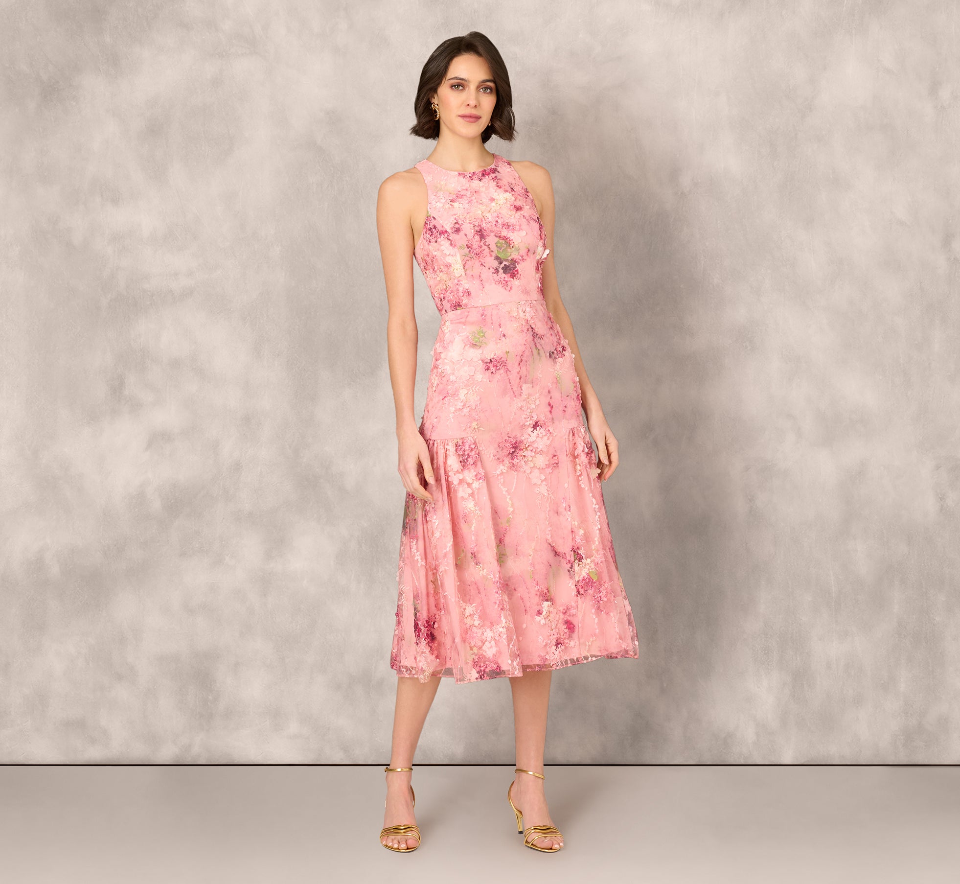 Sleeveless Embroidered Side Flounce Midi Dress In Pink Multi、mySite、solidvoid