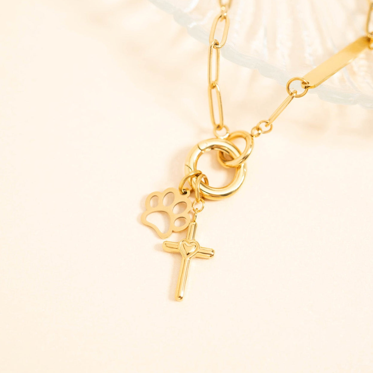 18K Gold PVD Stainless Steel Cross with Heart Charm / PDL0058、mySite、dreamappss