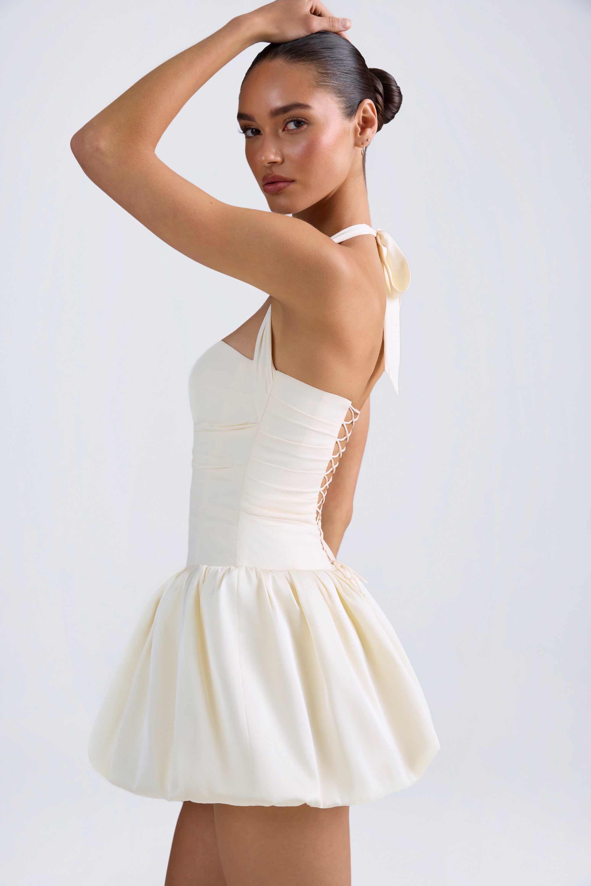 Halterneck Lace-Up Bubble Hem Corset Micro Mini Dress in Ivory、mySite、solidvoid