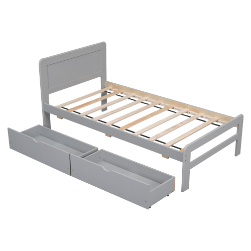 Modern Design Twin Size Platform Bed Frame with 2 Drawers for Walnut Color、、xpatfood