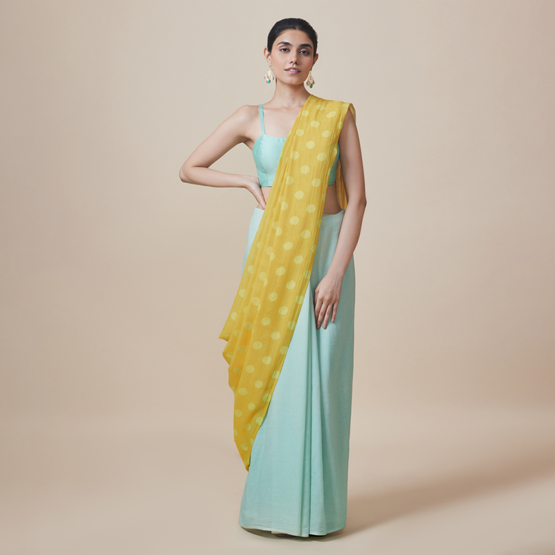 Linen Solid Saree with Blouse | Polka Dots | Aqua Blue & Yellow、mySite、camillekostekn