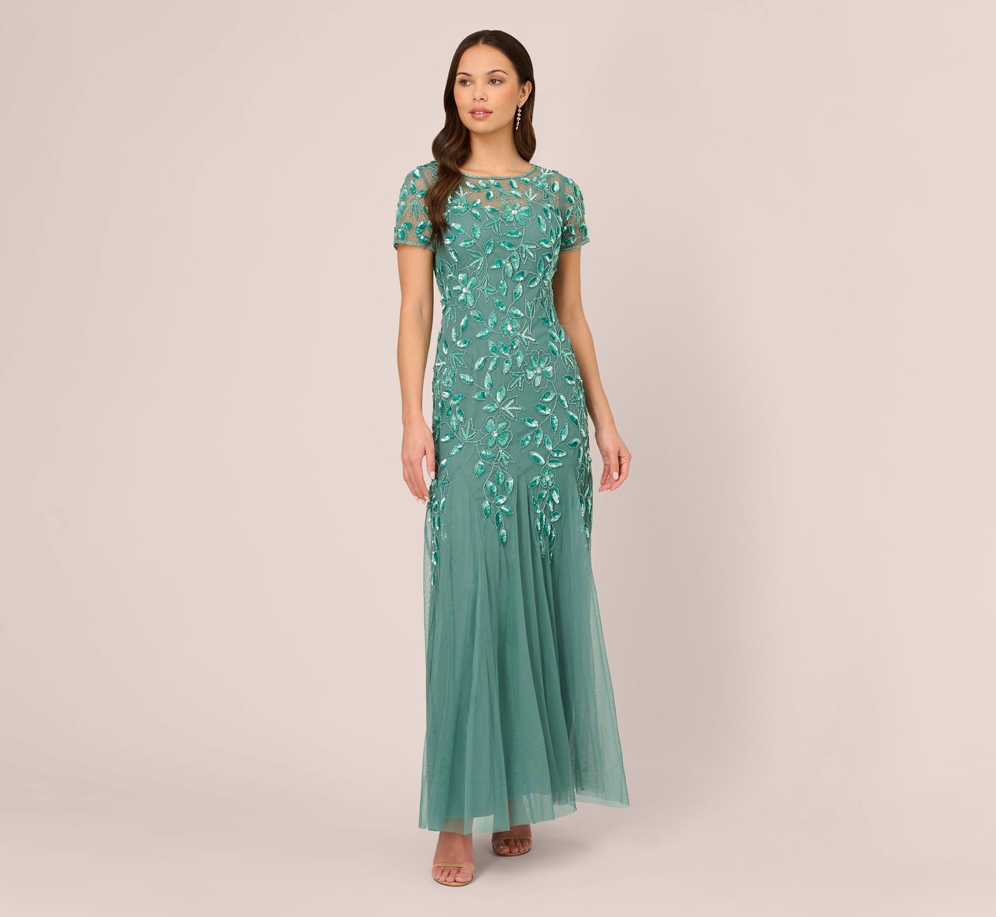 Hand Beaded Short Sleeve Floral Godet Gown In Green Slate、mySite、solidvoid