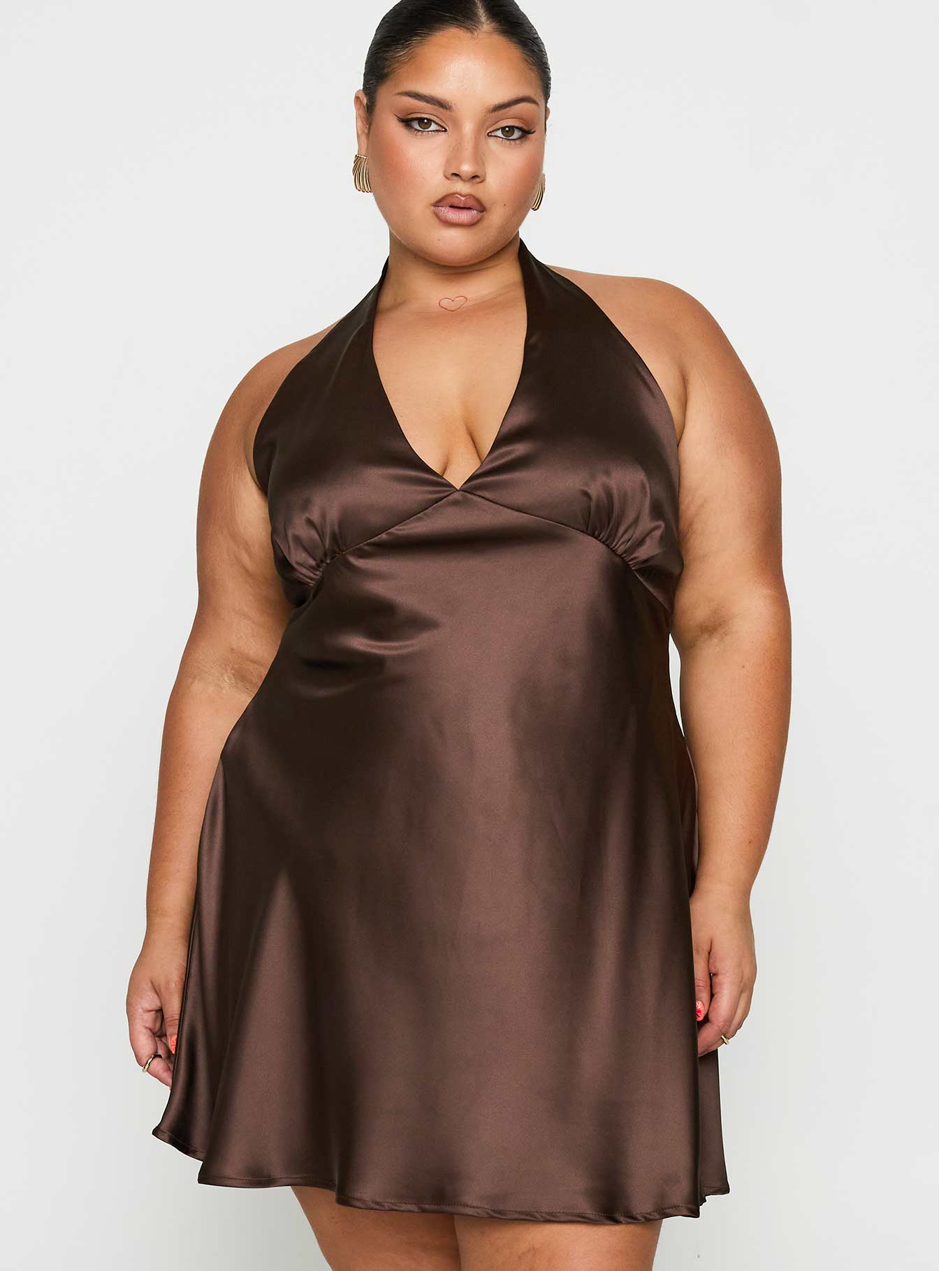 Pelagia Halter Scarf Tie Mini Dress Brown Curve、mySite、solidvoid