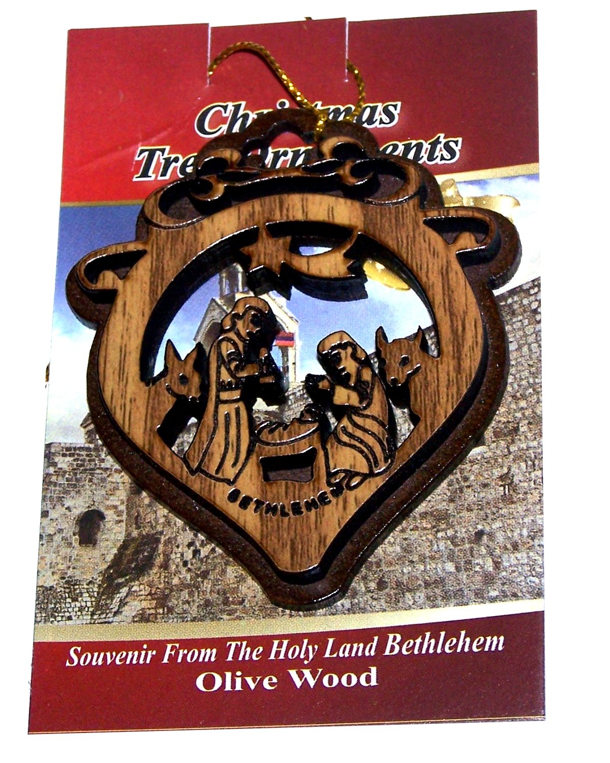 Two Layers Mahogany with Olive Wood Holy Family Nativity Scene Ornament Gift Carved by Laser - Olive Wood (7 cm or 2.8 inch with Certificate) and Gold String、mySite、topwebapps