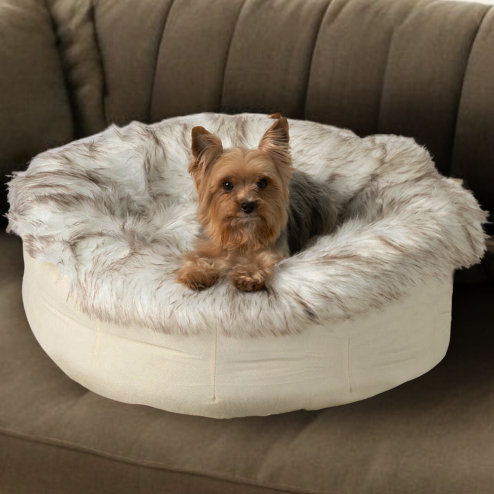 PupPouf™ Faux Fur Donut Dog Bed - White with Brown Accents、mySite、solidvoid