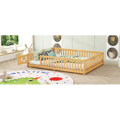 Twin Size Bed Floor Bed with Safety Guardrails and Door for Kids, Natural(Old SKU: W158090686)、、casual