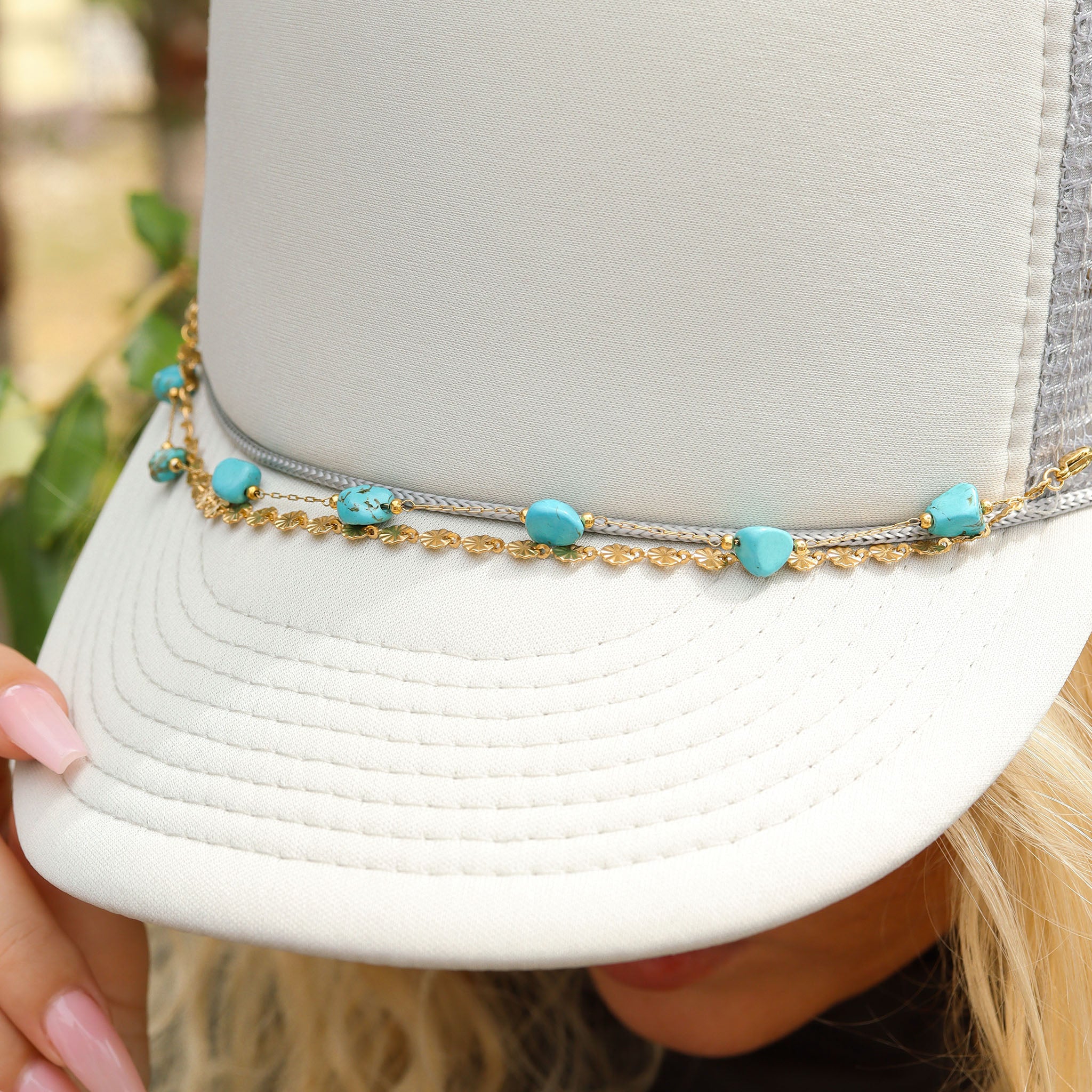 18K Gold PVD Stainless Steel Crimped Oval & Turquoise Stone Layered Trucker Hat Chain / CHN0038、mySite、dreamappss