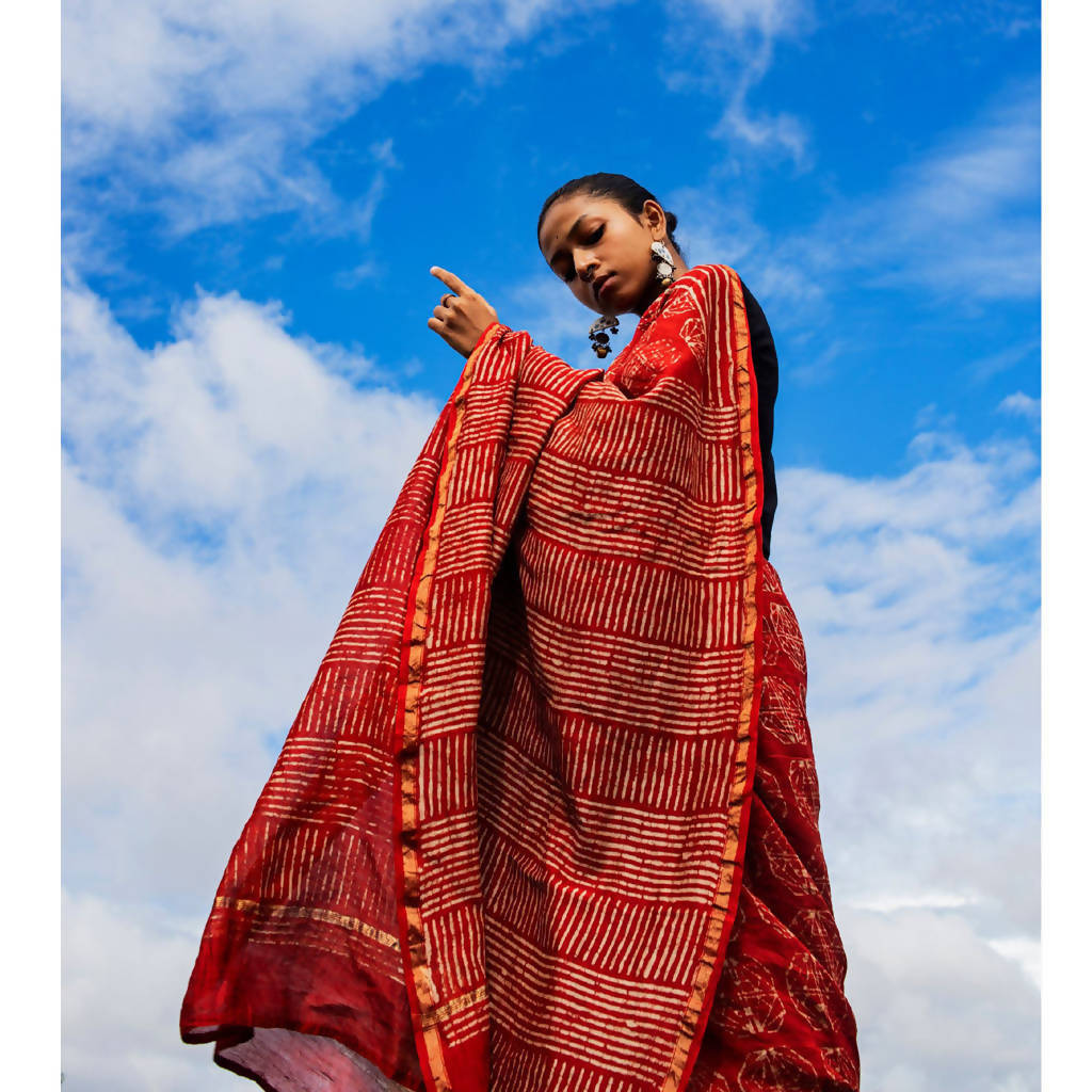 Festive Wear | Natural Dyed Rust Dabu Printed Chanderi Saree、mySite、camillekostekn