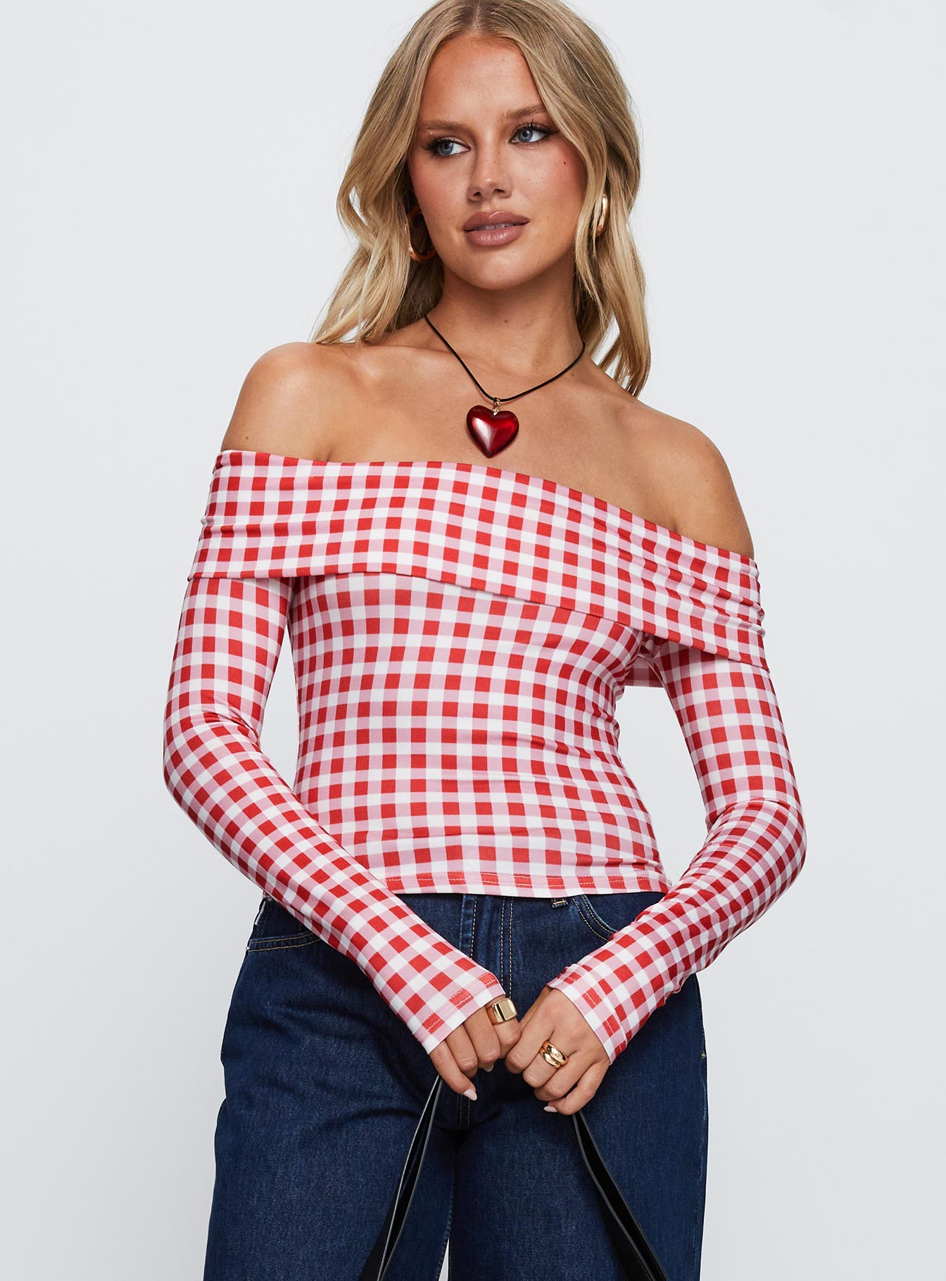 Singular Off The Shoulder Long Sleeve Top Red Check、mySite、solidvoid