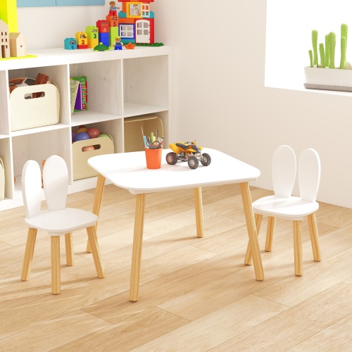 Kids Table and 2 Chairs Set, 3 Pieces Toddler Table and Chair Set, Wooden Activity Play Table Set (Lion&Monkey)、、casual