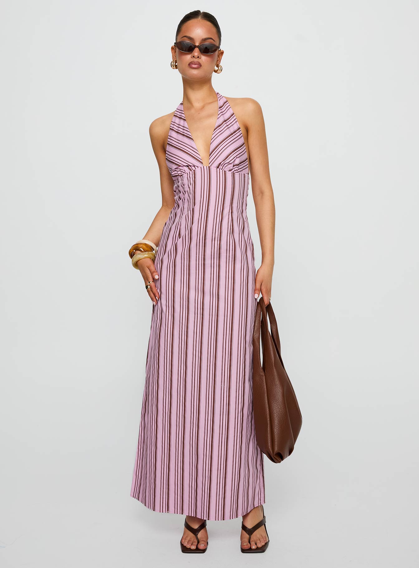 Avrie Halter Maxi Dress Pink / Brown Stripe、mySite、solidvoid