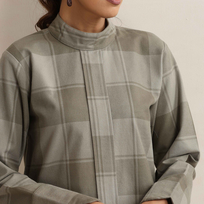 Cotton High Neck Short Kurta For Women | Checkered Print | Green、mySite、camillekostekn