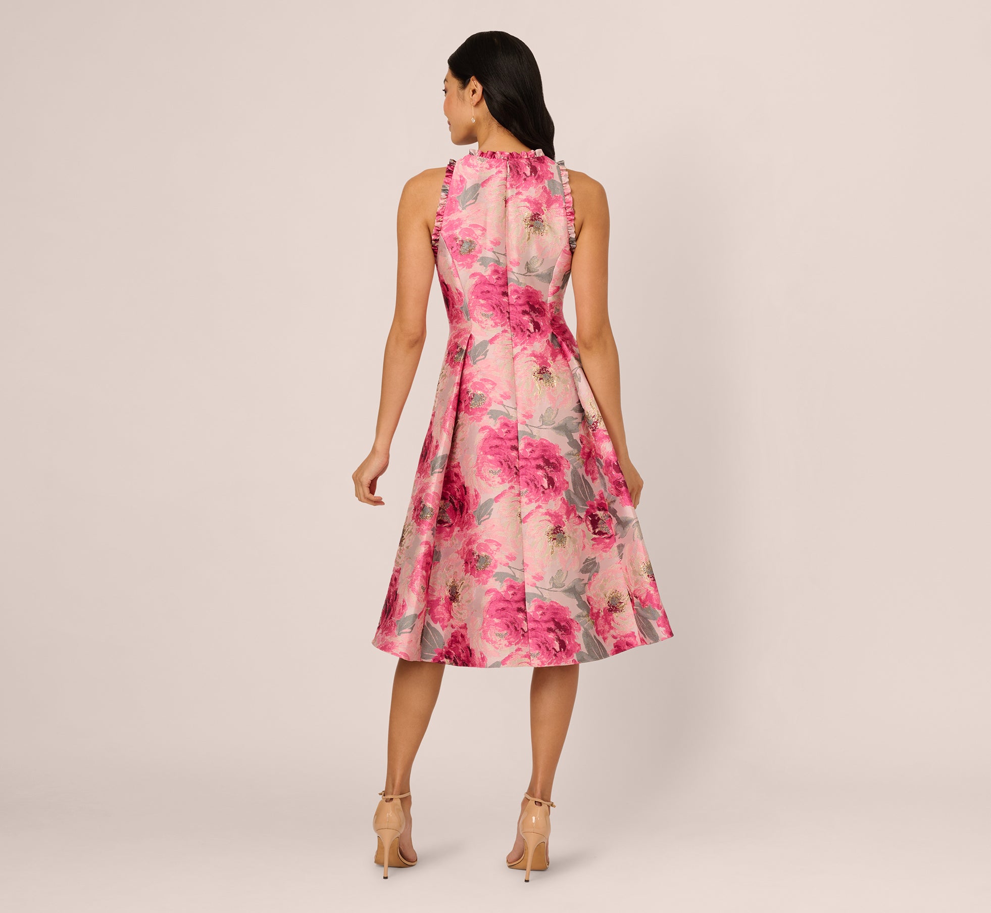 Sleeveless Floral Jacquard Fit And Flare High Low Dress In Pink Multi、mySite、solidvoid