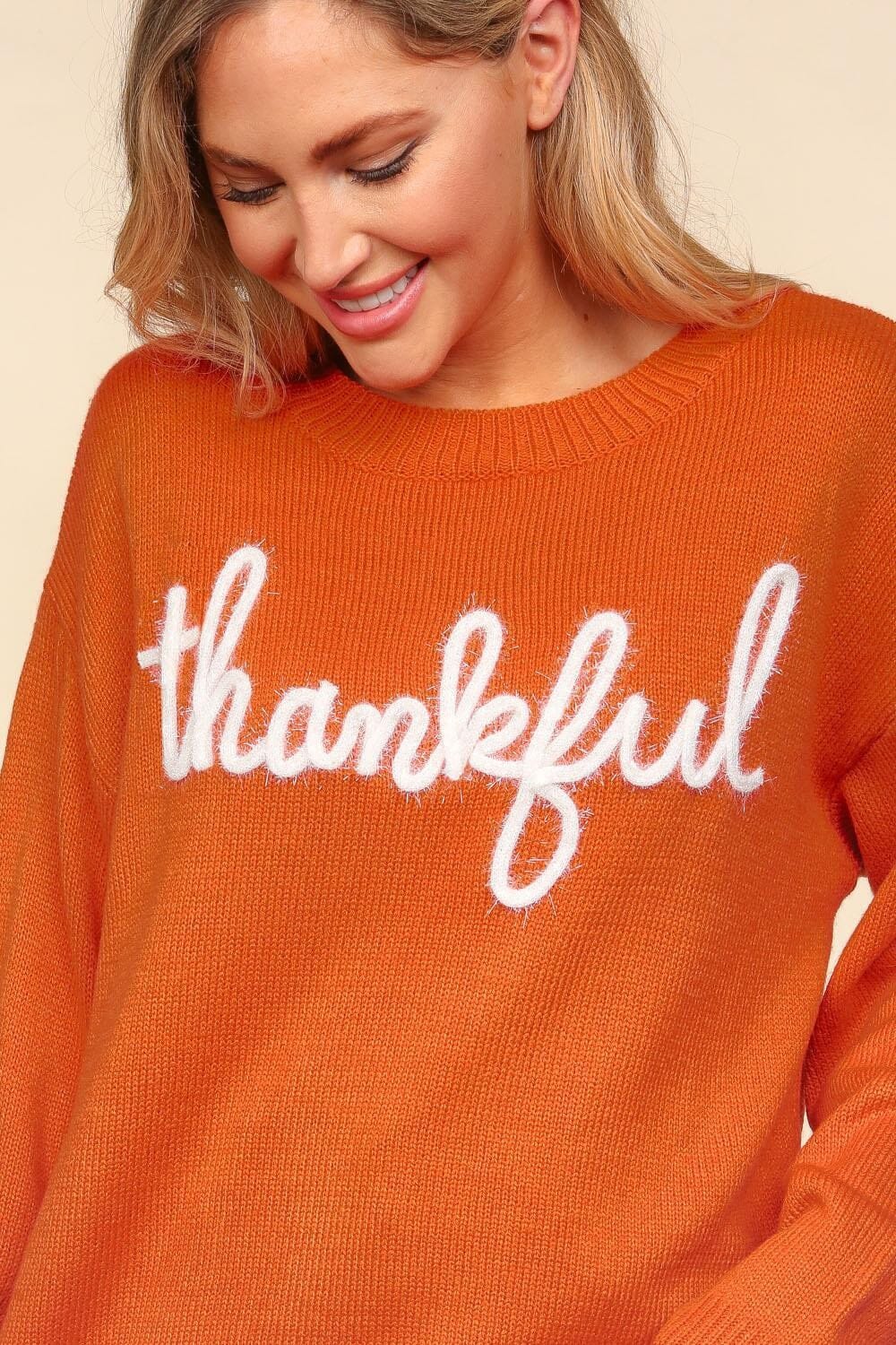Metallic Glitter Embroidery Women's Thankful Sweater、mySite、camillekostekn