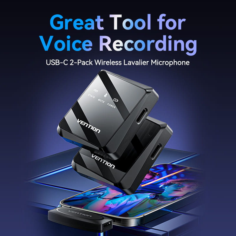Vention USB-C 2-Pack Wireless Lavalier Microphone Black Type、mySite、fannypackpong
