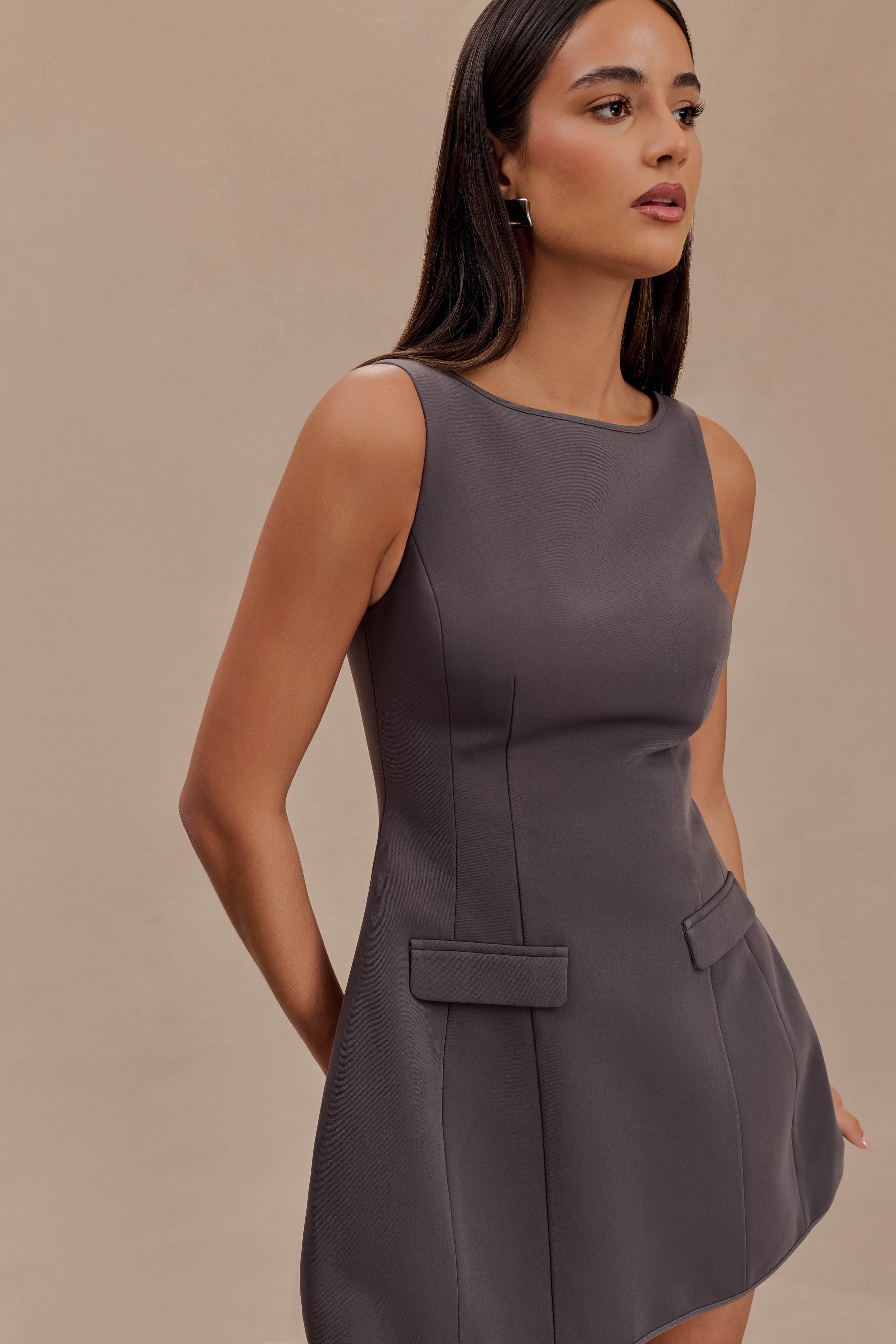 Evanna Sleeveless Suiting Mini Dress - Charcoal Grey、mySite、solidvoid