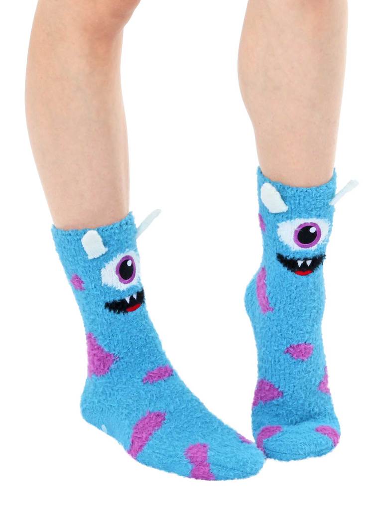 Fuzzy Blue One-Eyed Monster Crew Socks by Living Royal *、mySite、g9winljtr