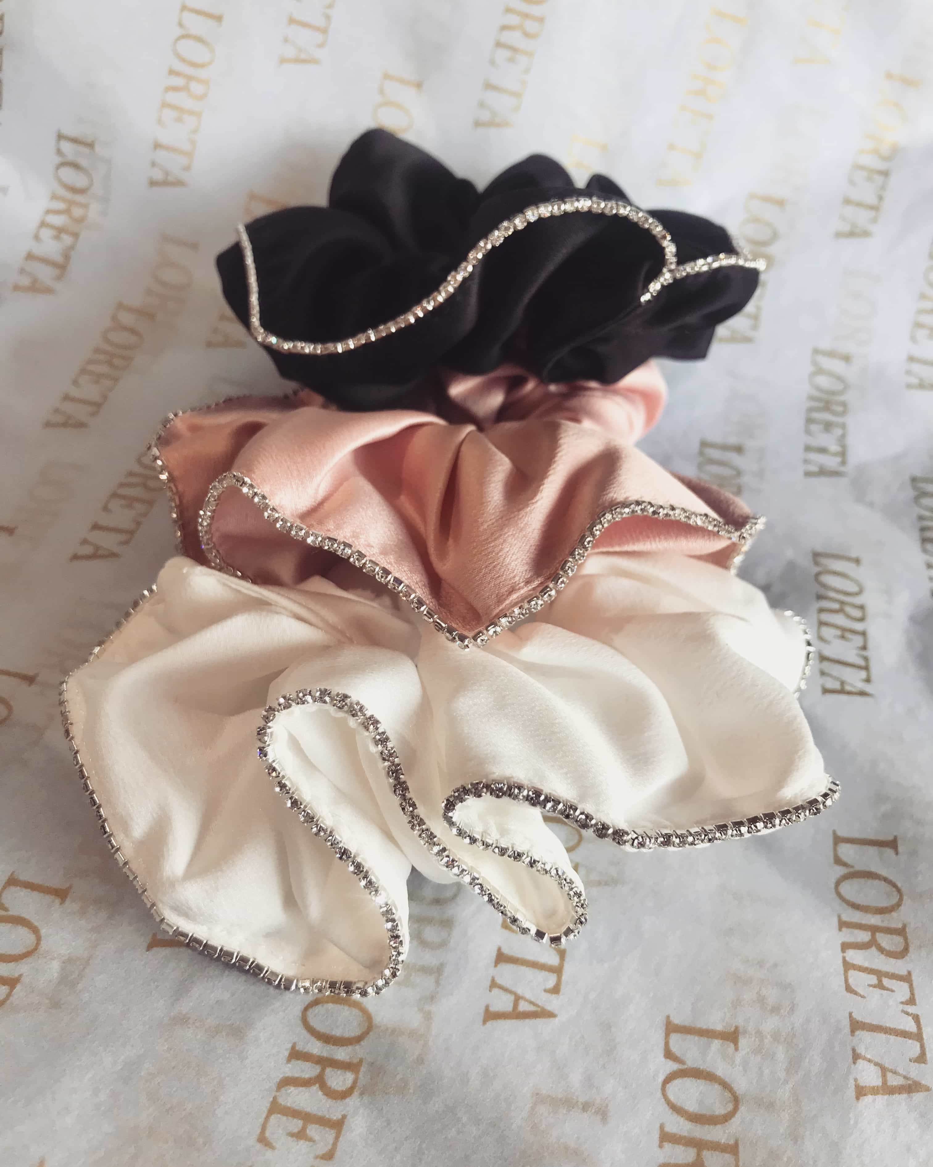  Pack of 3: Pink, White & Black Crystal Scrunchie、mySite、merchandisen