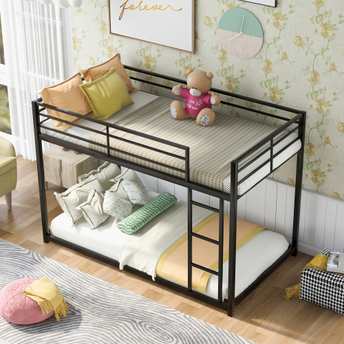 Full over Full Metal Bunk Bed, Low Bunk Bed with Ladder, Black(Old SKU:MF197034AAB)、、casual