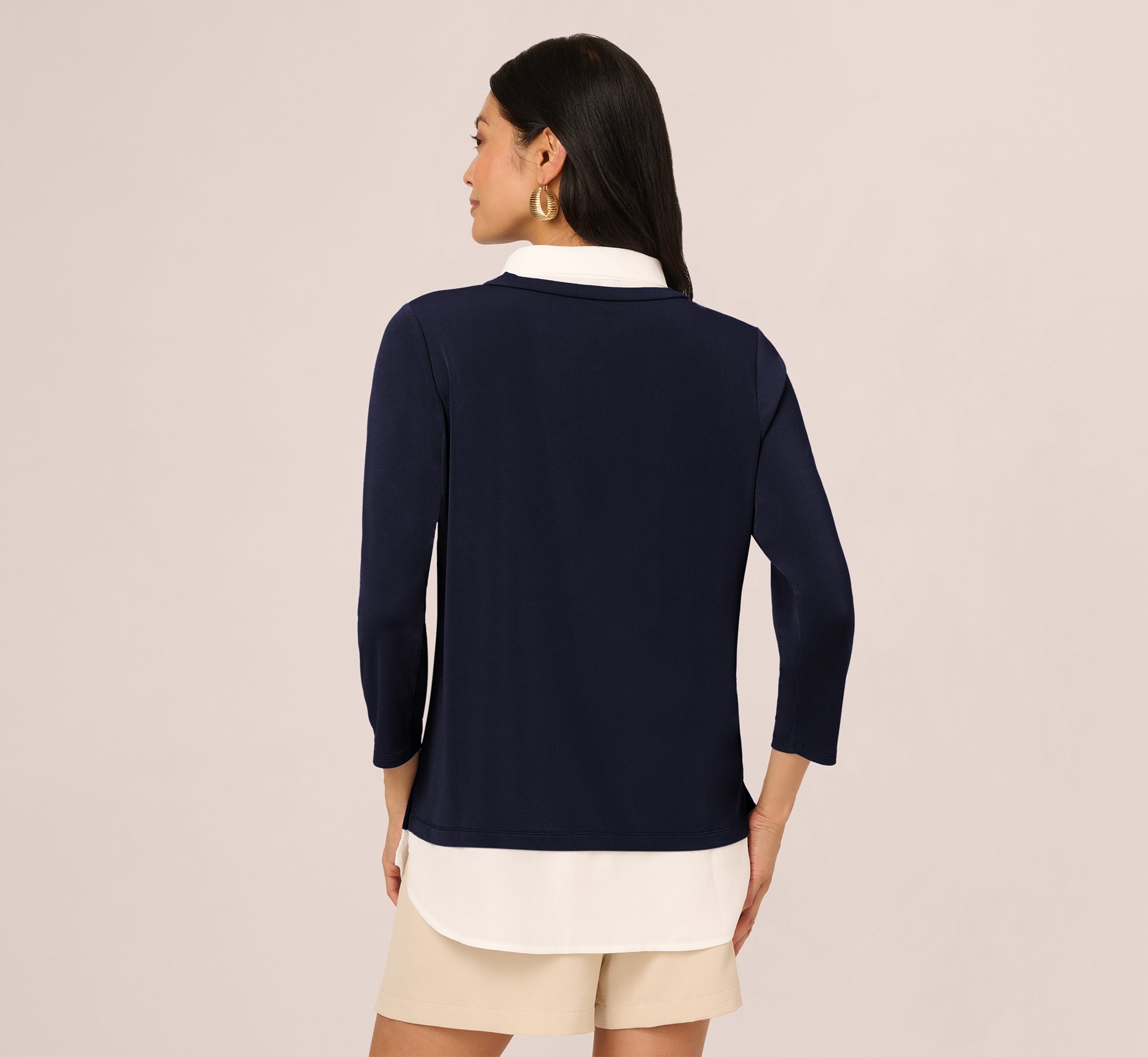 Three Quarter Sleeve Collared Twofer Sweater In Navy Ivory、mySite、solidvoid