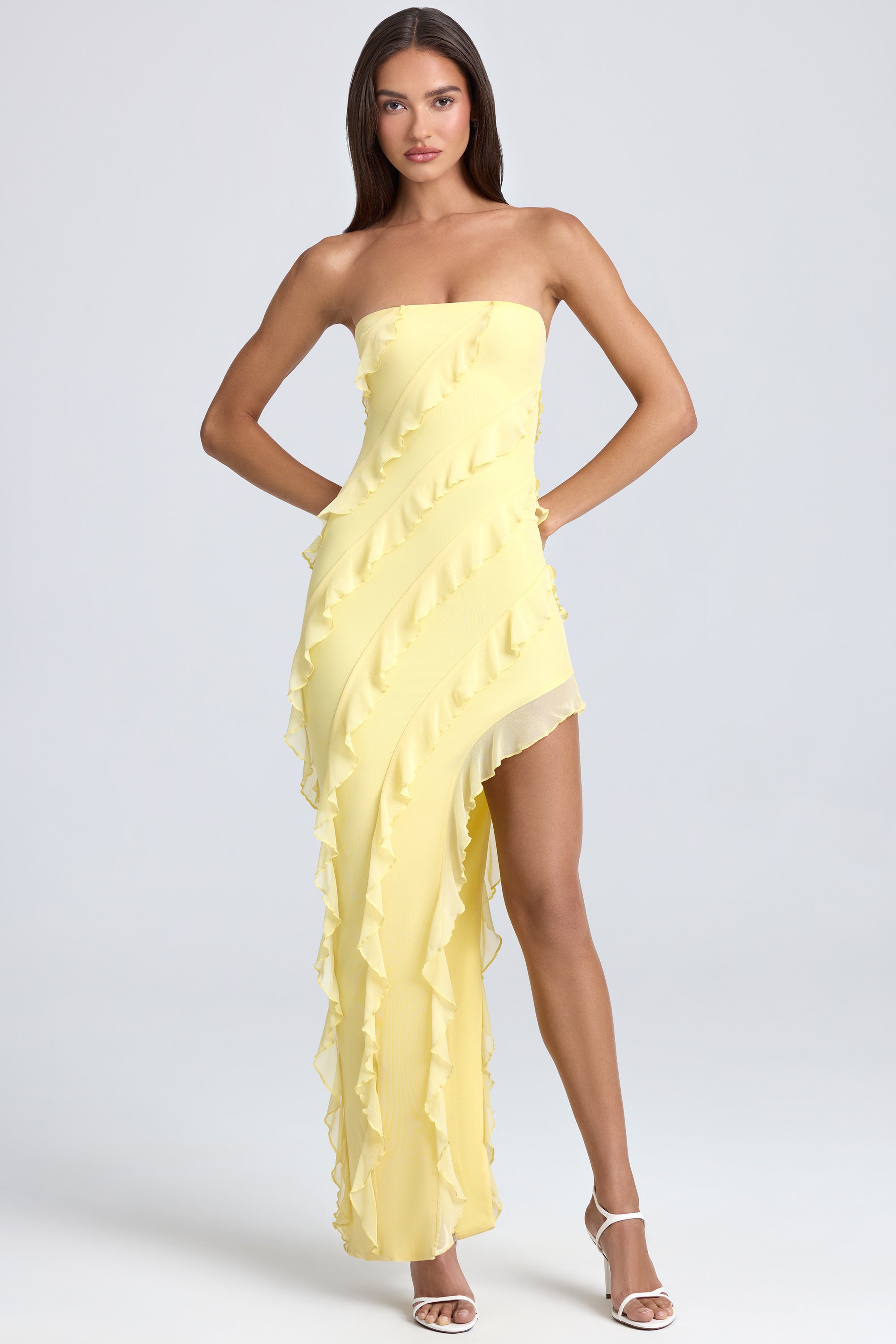 Bandeau Ruffle-Trim Maxi Dress in Lemon Sherbet、mySite、solidvoid