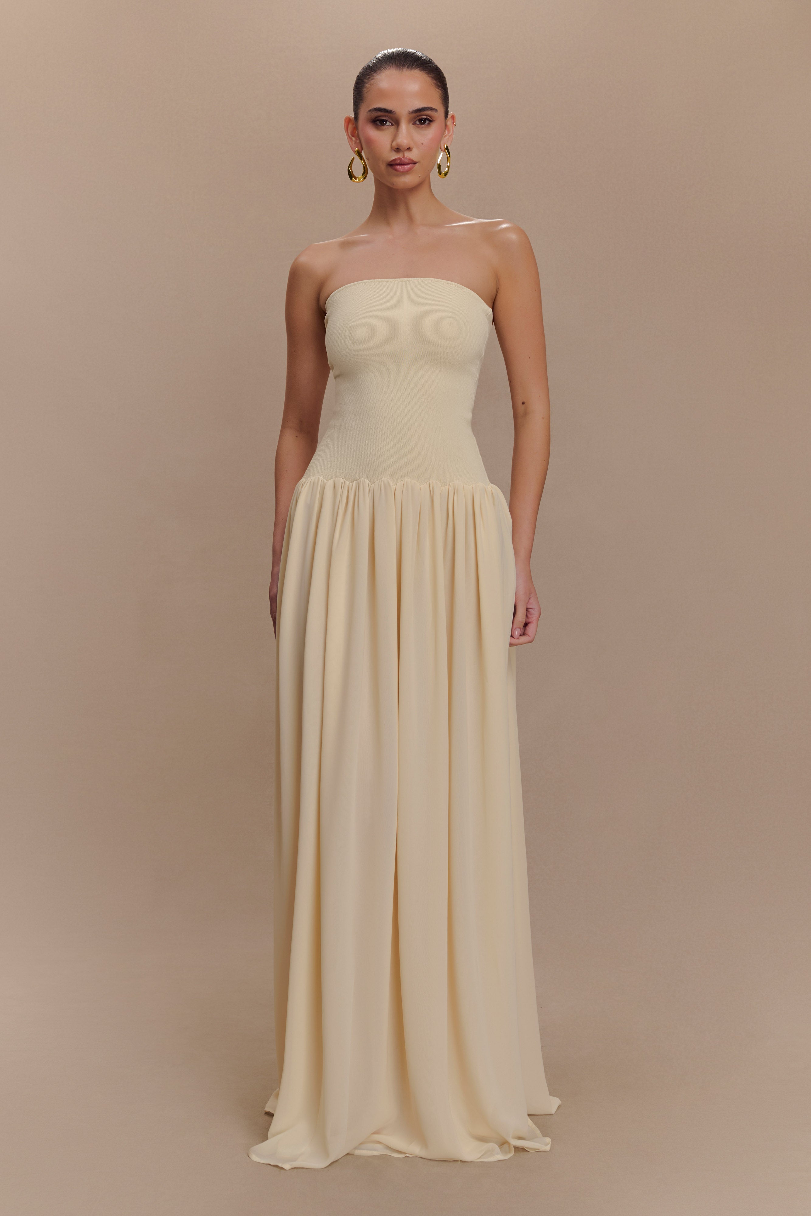 Lyanna Knit And Chiffon Strapless Maxi Dress - Cream、mySite、solidvoid