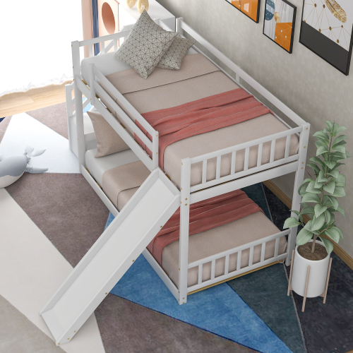 Twin over Twin Bunk Bed with Convertible Slide and Stairway, Gray、、casual