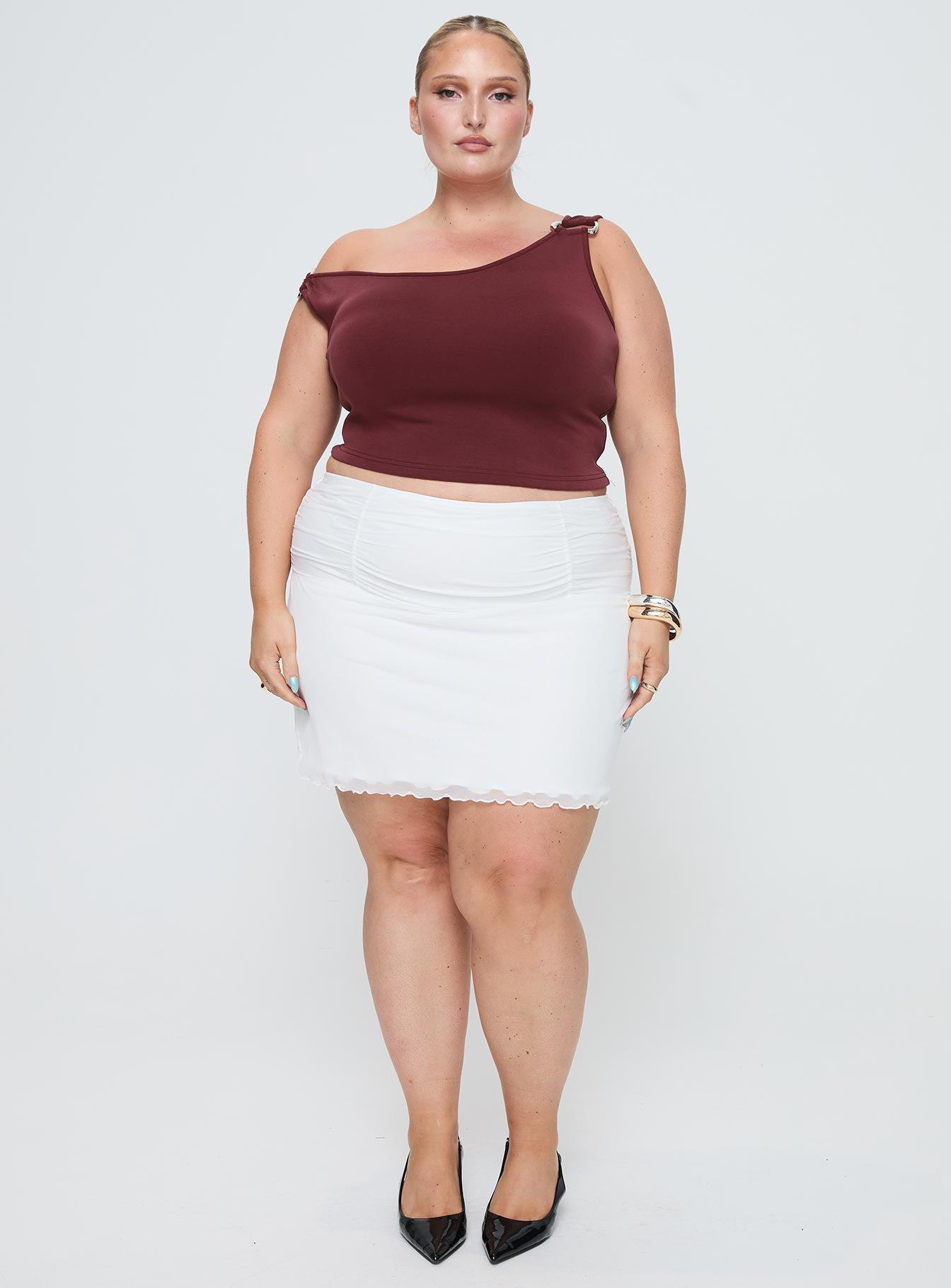 Meredith Ruched Mini Skirt White Curve、mySite、solidvoid