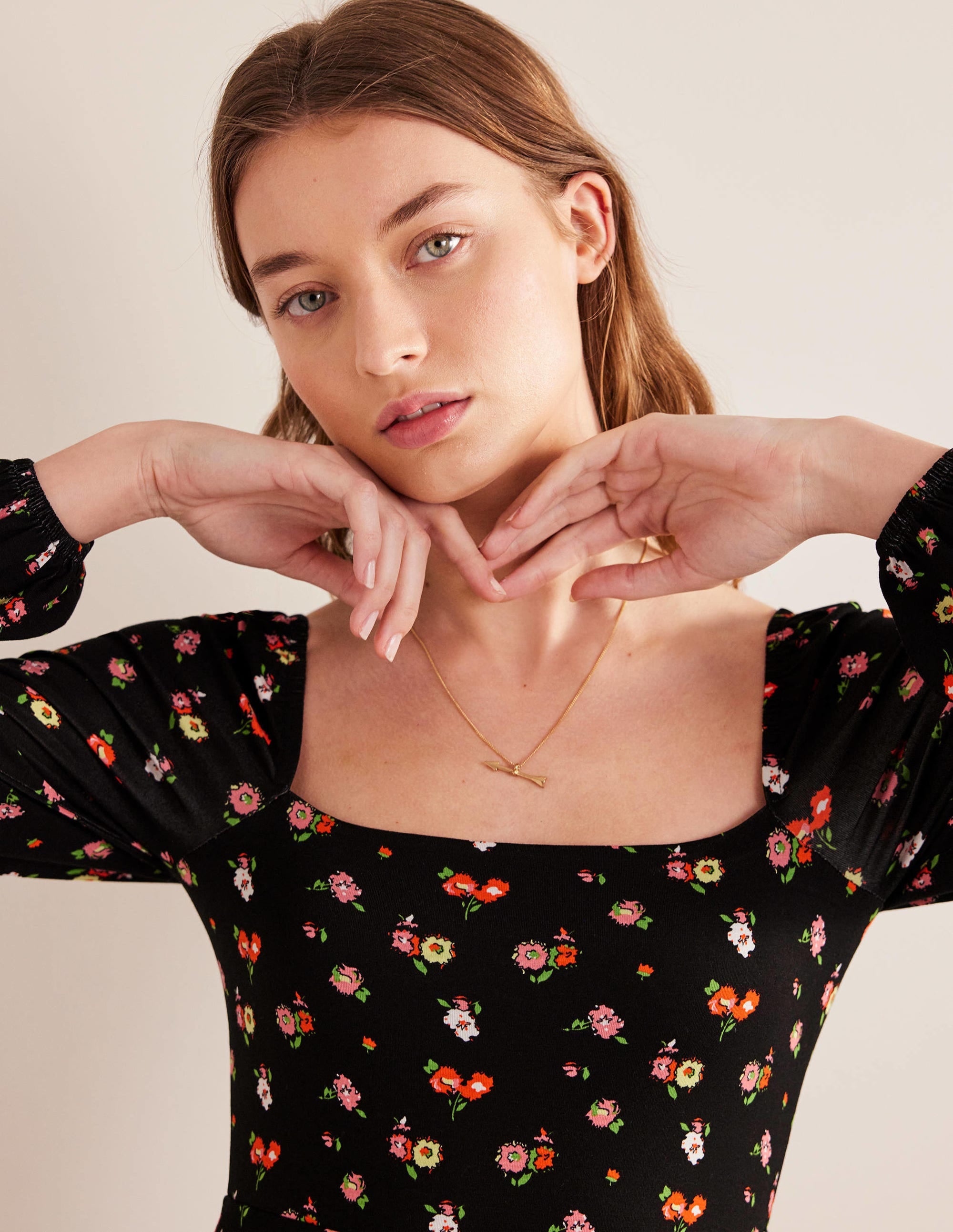  Square Neck Jersey Midi Dress-Black, Dainty Sprig、mySite、ashleygrahame