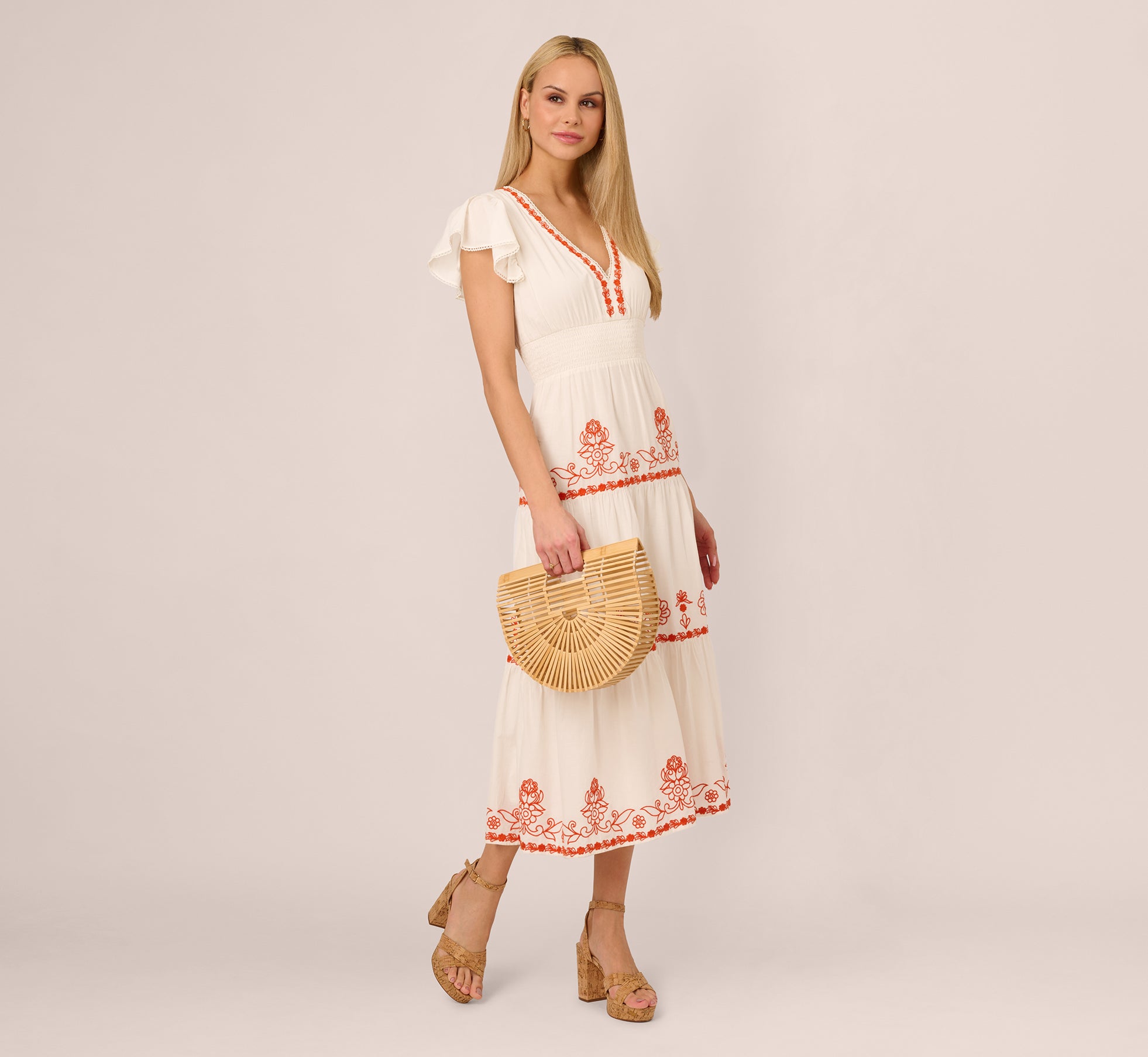 Embroidered Flutter Sleeve Tiered Midi Dress In Ivory Red Multi、mySite、solidvoid