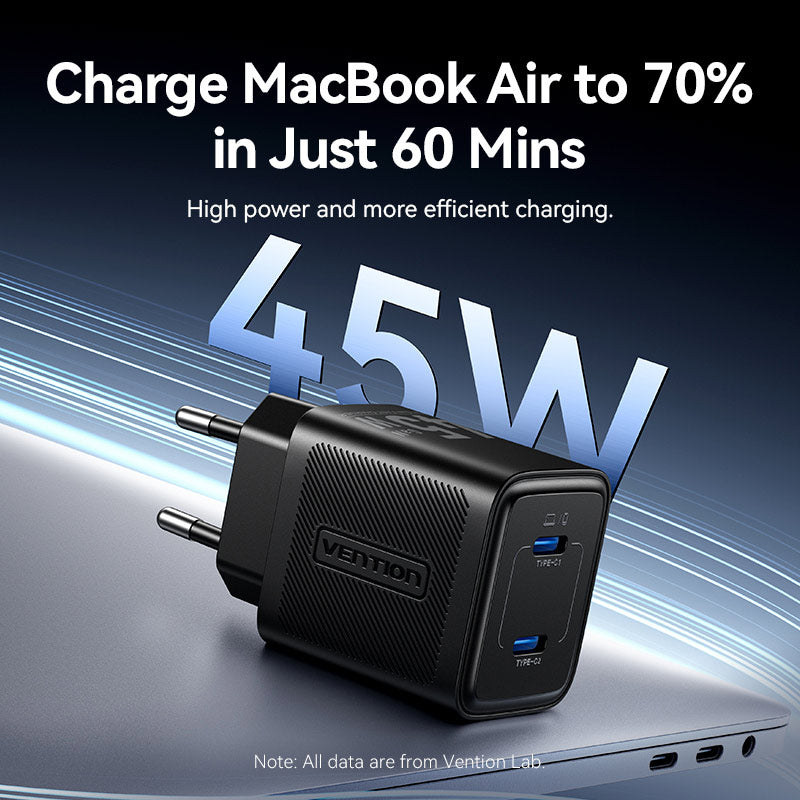 Vention 2-Port USB (C + C) GaN Charger (45W/45W) EU-Plug Black、mySite、fannypackpong