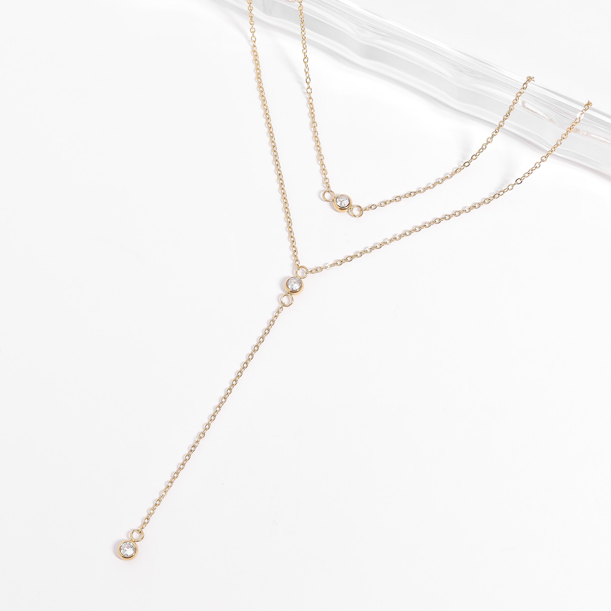 18K Gold PVD Stainless Steel Lariat Necklace CZ Stone Necklace / CHN0066、mySite、dreamappss