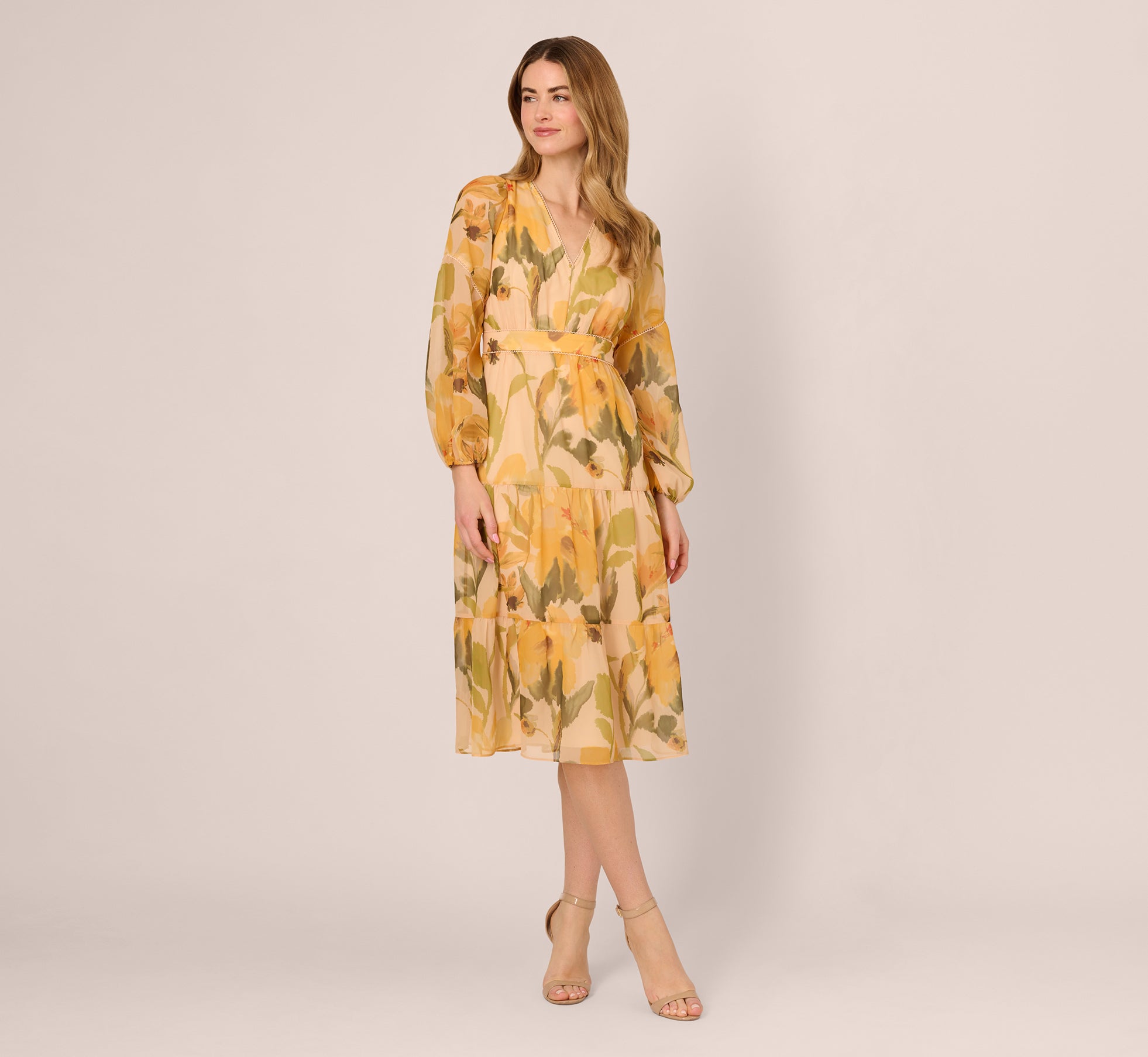 Long Sleeve Floral Organza Midi Dress In Ecru Yellow Multi、mySite、solidvoid