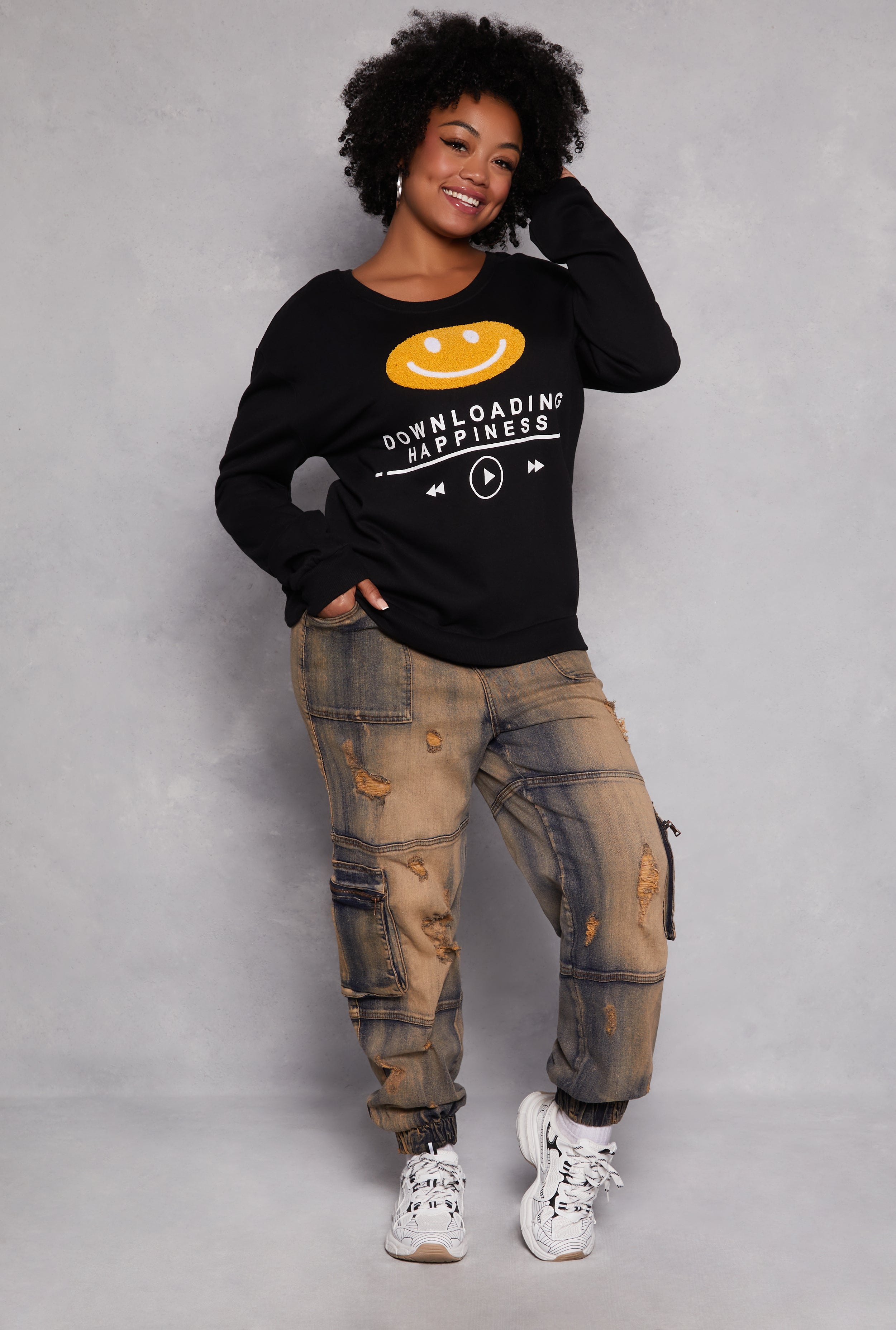 Plus Size Downloading Happiness Sweatshirt、mySite、camillekostekn