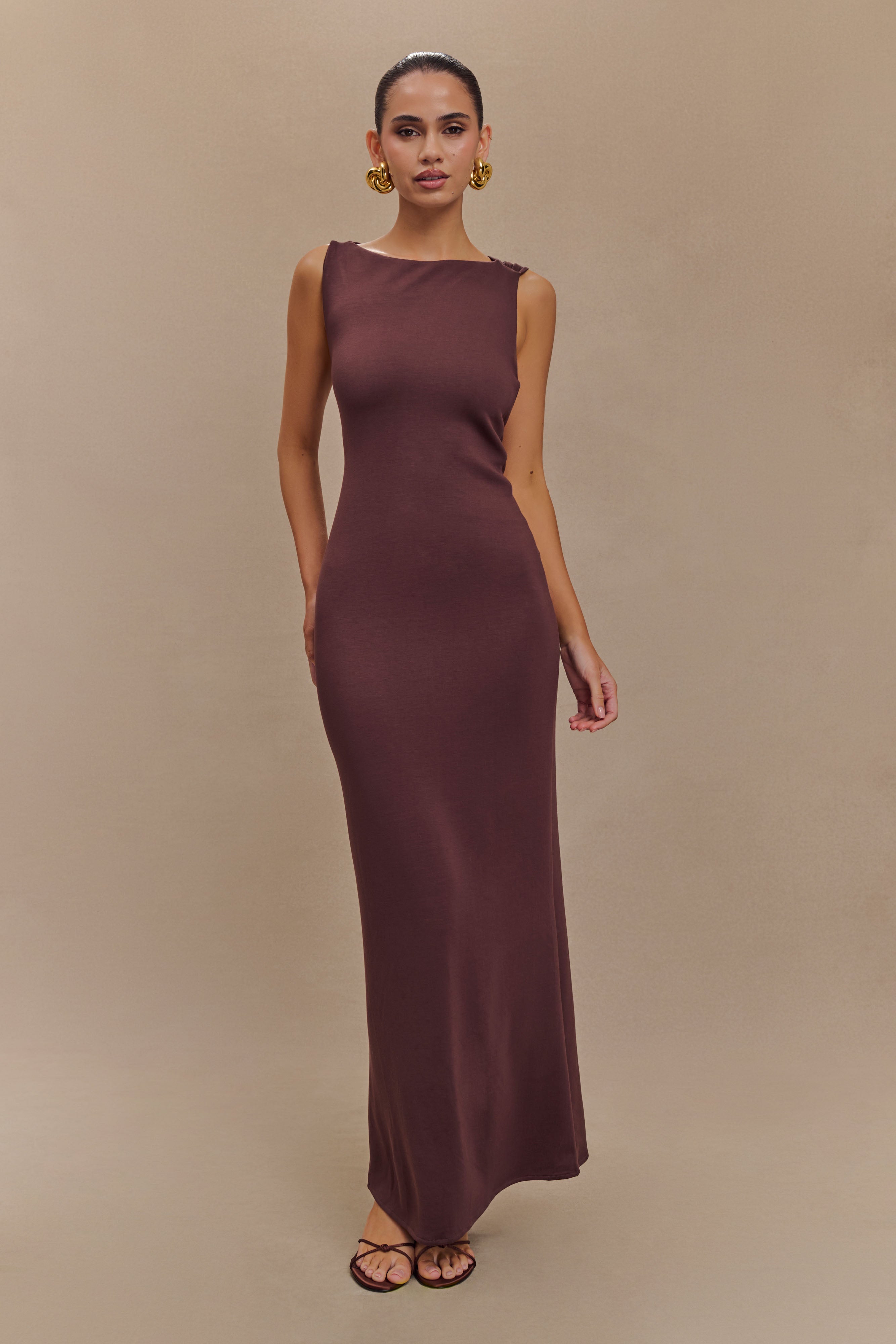 Catelyn Asymmetrical Scuba Jersey Midi Dress - Cacao Brown、mySite、solidvoid