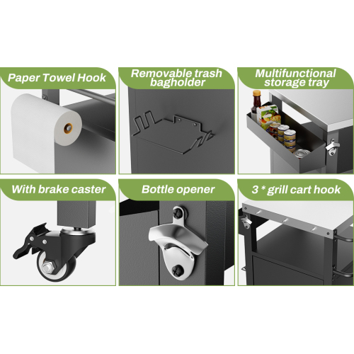 Two Doors Outdoor Grill Cart with Patio Furniture, Outdoor Grill Table with Storage,Rolling Bar Cart Outdoor BBQ Cart with Hooks and Spice Rack for Grilling Accessories, Black、、eastwooduniform