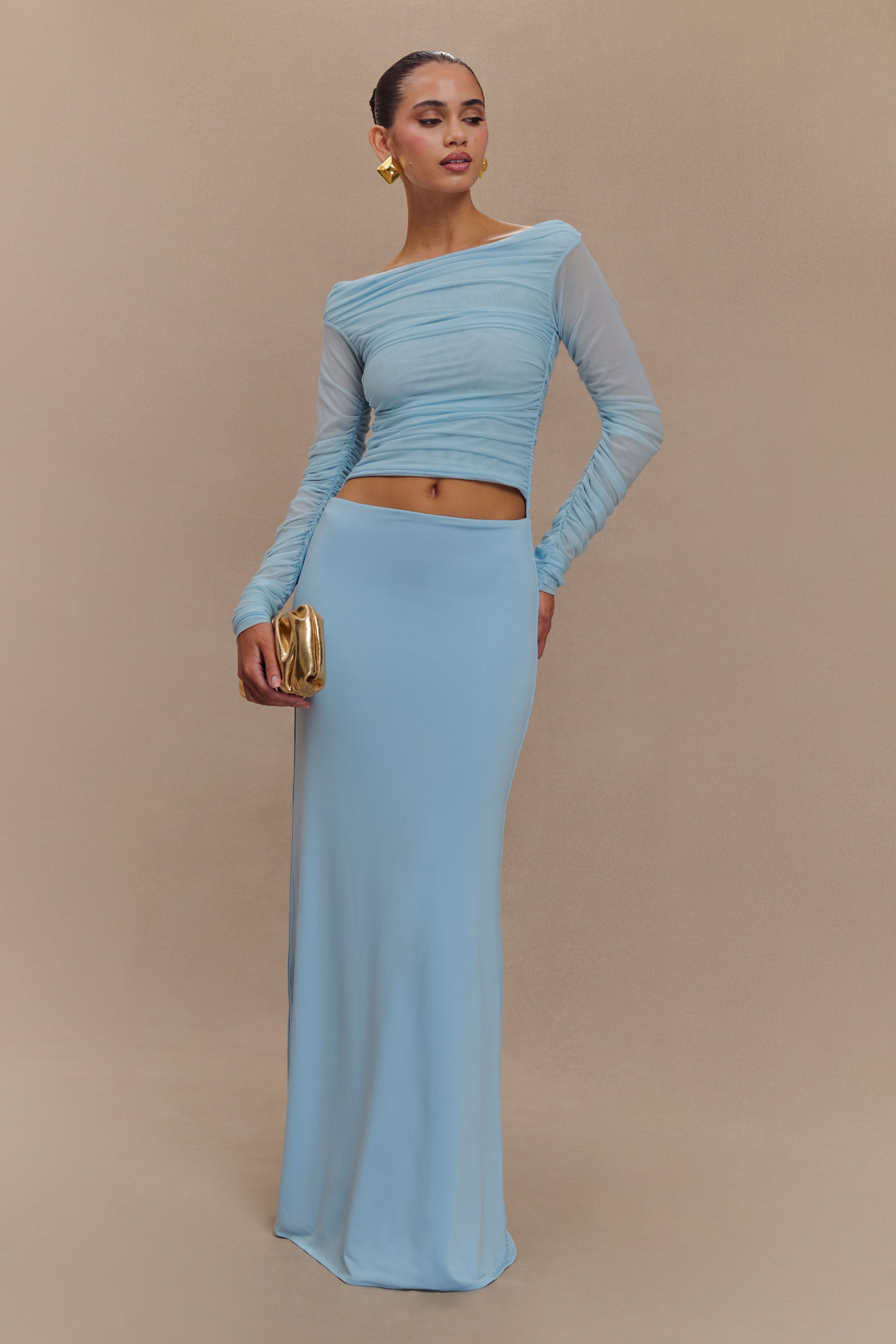 Darla Mesh And Slinky Off Shoulder Maxi Dress - Sky Blue、mySite、solidvoid