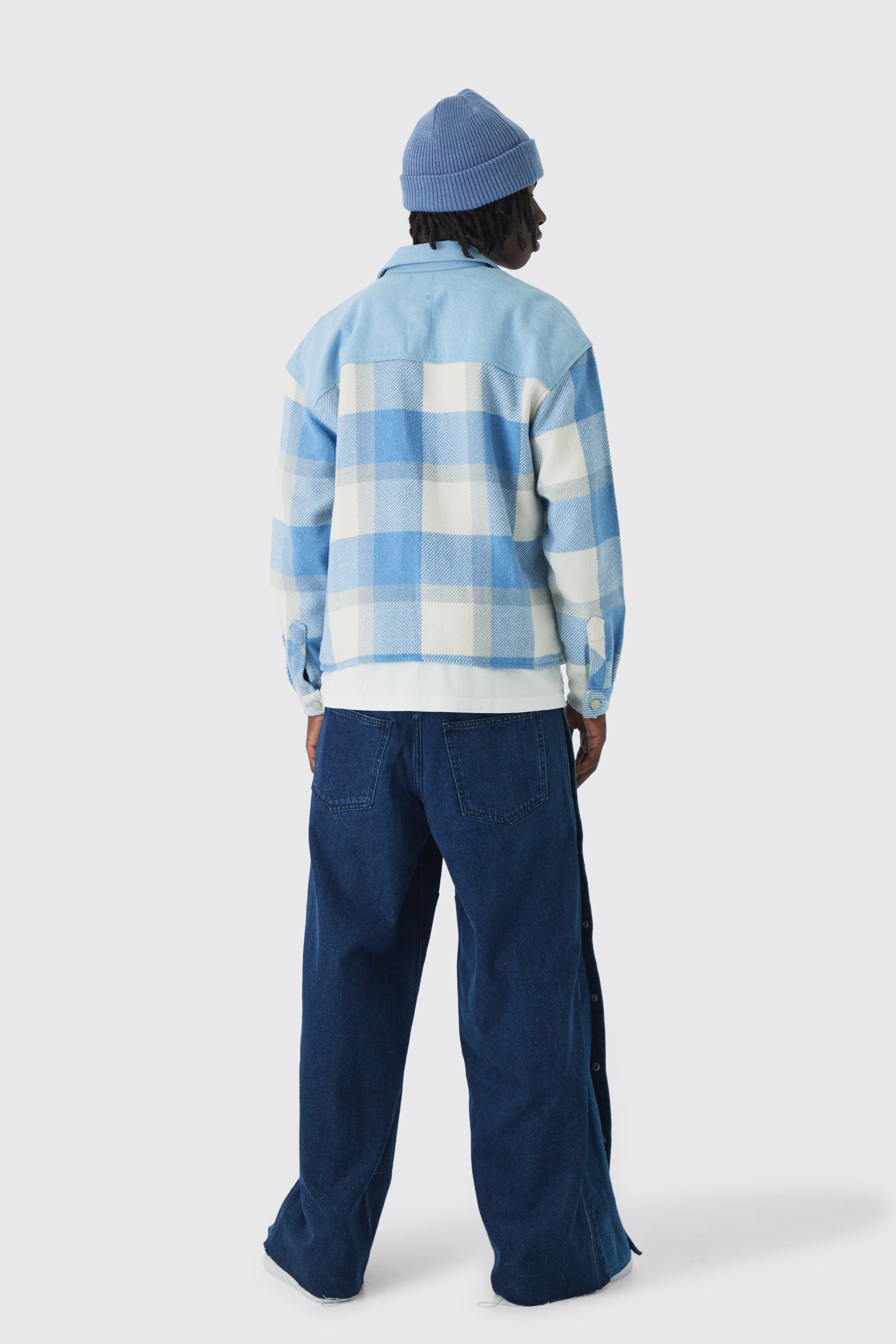  Boohooman Oversized Denim Checked Quilted Shirt Light Blue、mySite、justintrudeaud