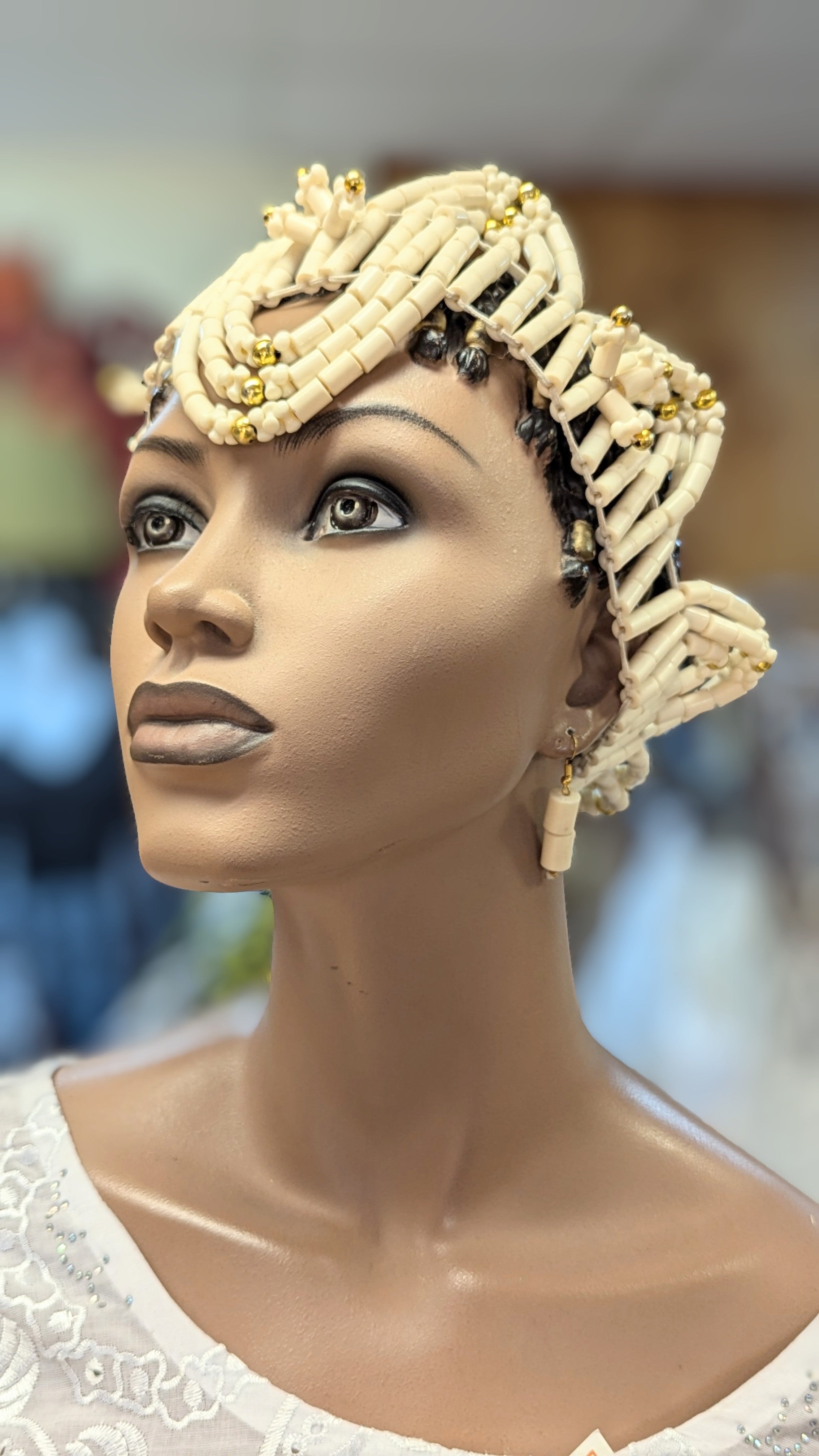 Dupsie's Kelechi Igbo Edo African Ivory and Gold Beaded Crown Bracelet and Earrings Set DPACNBI3、mySite、solidvoid