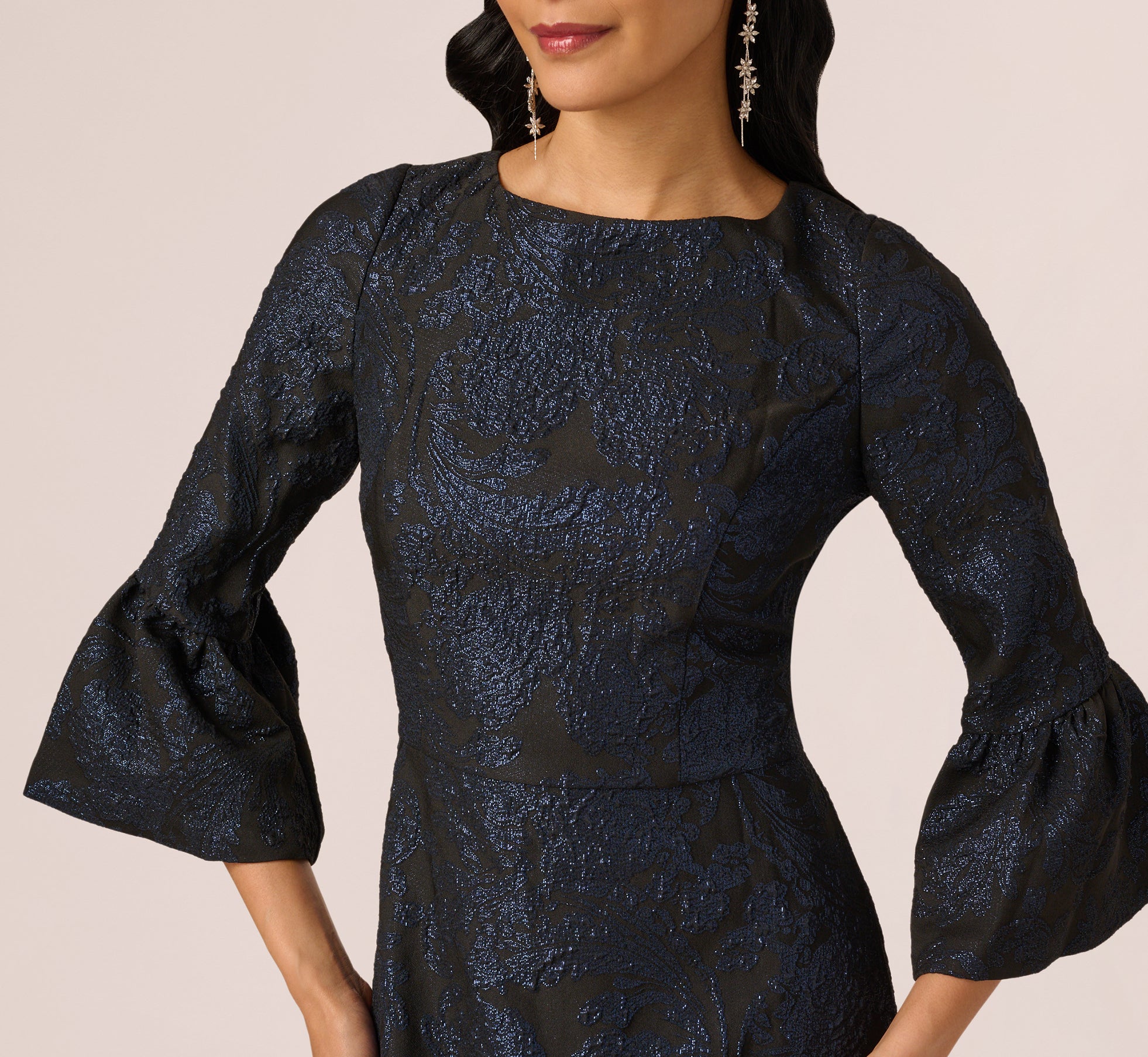 Three Quarter Bell Sleeve Short Jacquard Dress In Navy Black、mySite、solidvoid
