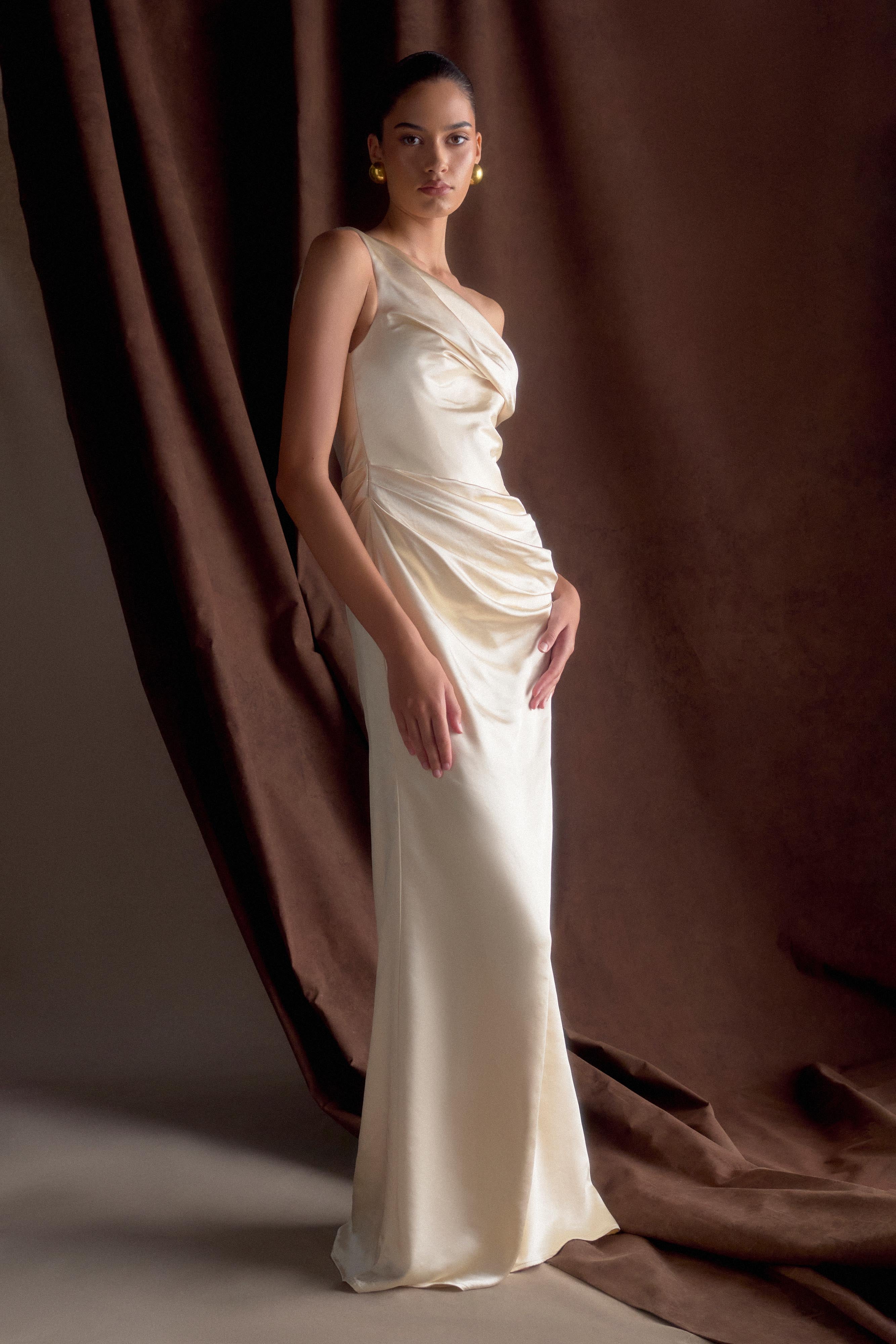 Dalia Off Shoulder Satin Maxi Dress - Blush Gold、mySite、solidvoid