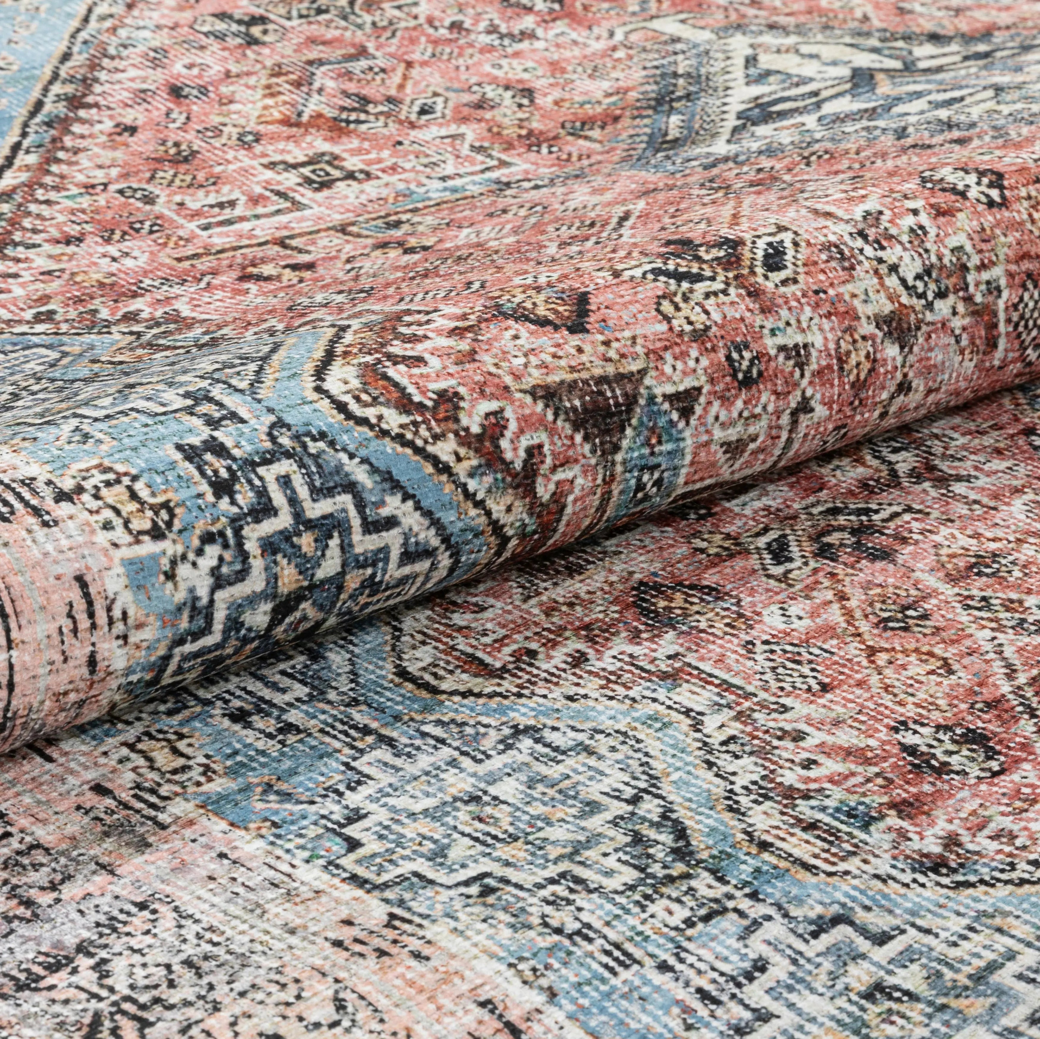 Menda Machine Washable Vintage Bohemian Meallion Oriental Light Blue Flat-Weave Distressed Rug、mySite、gigharbornorthrealestate