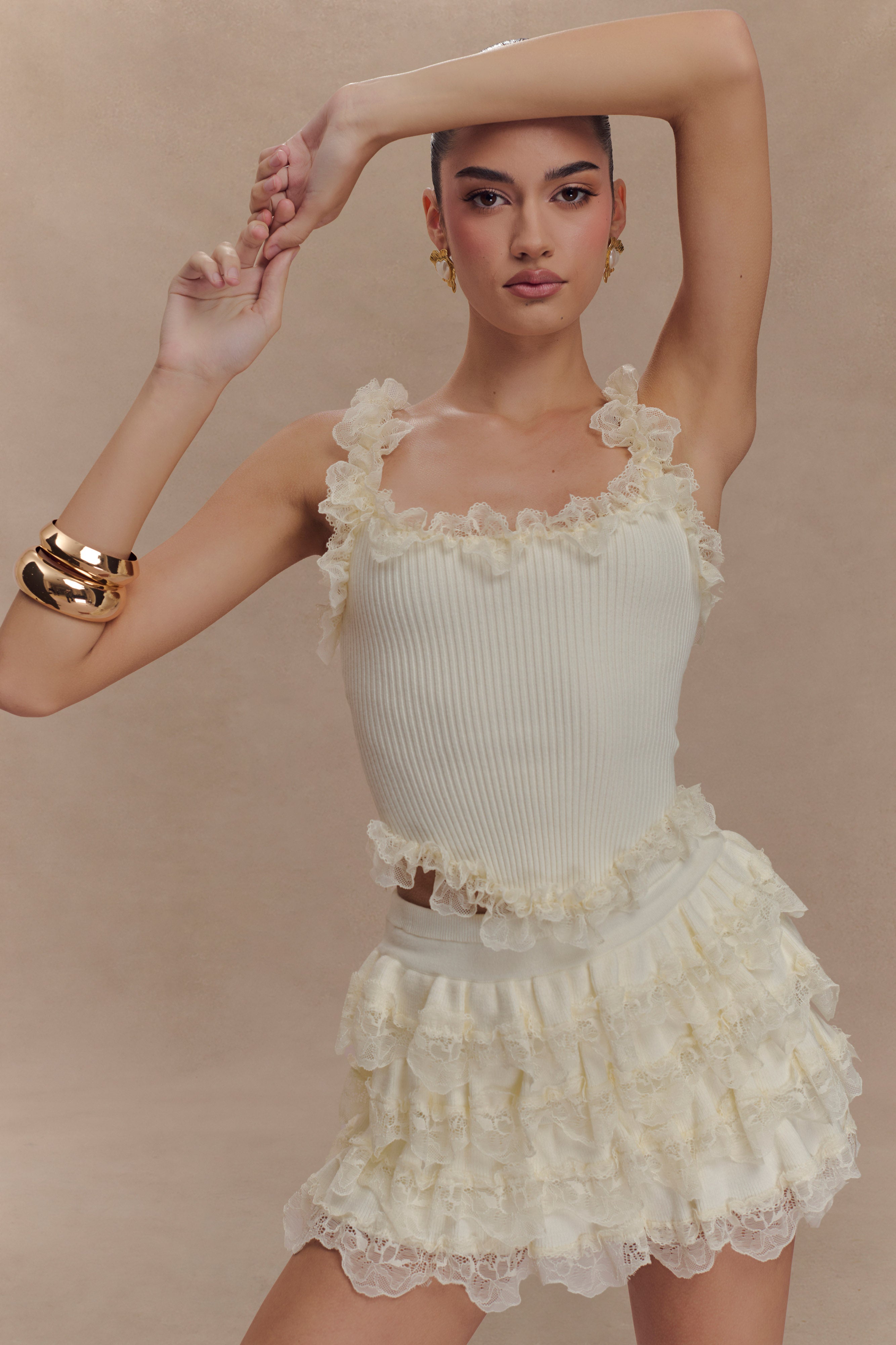 Shay Lace Ruffle Knit Top - Cream、mySite、solidvoid