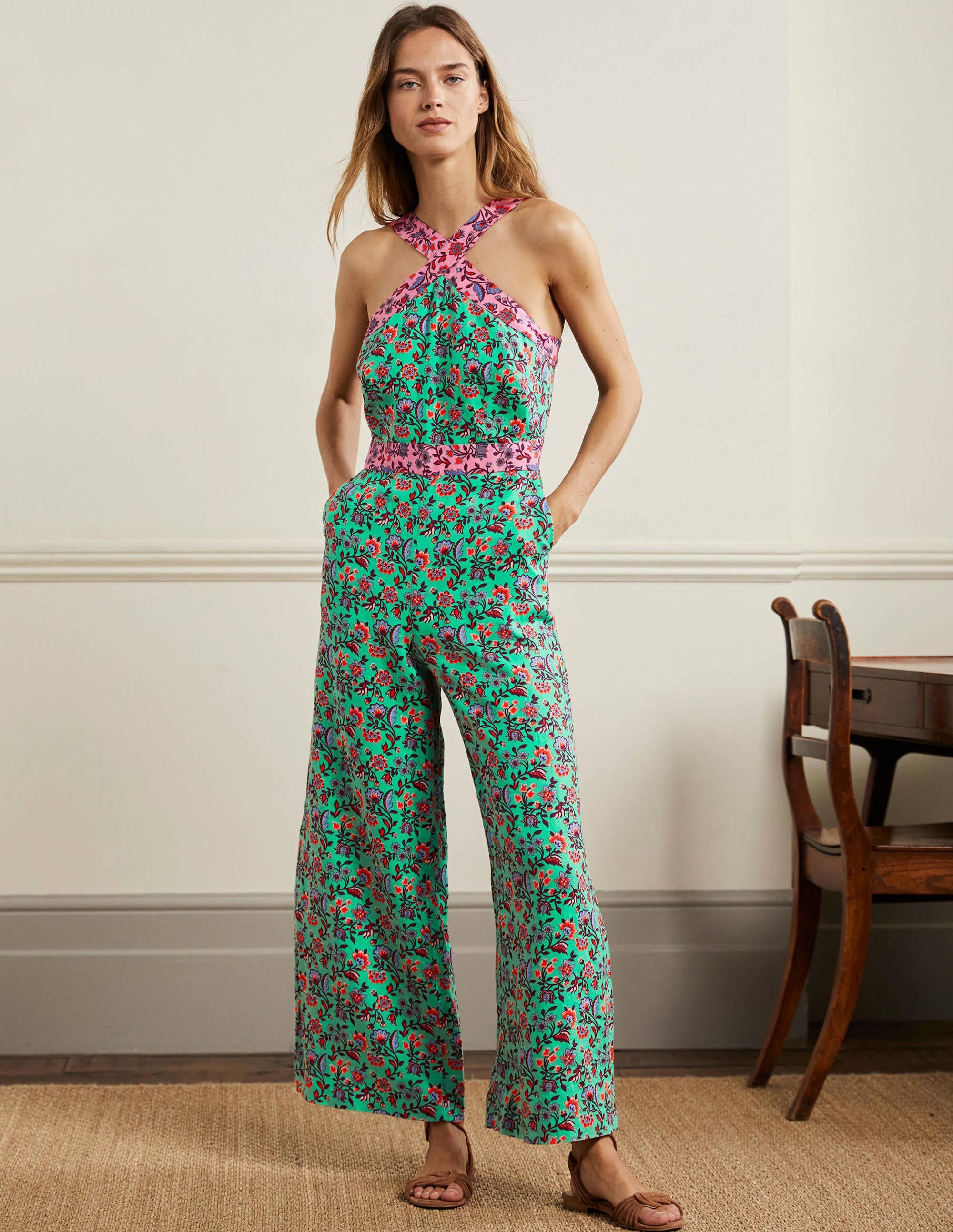  Cross Over Linen Jumpsuit-Green Lagoon, Oriental Meadow、mySite、ashleygrahame