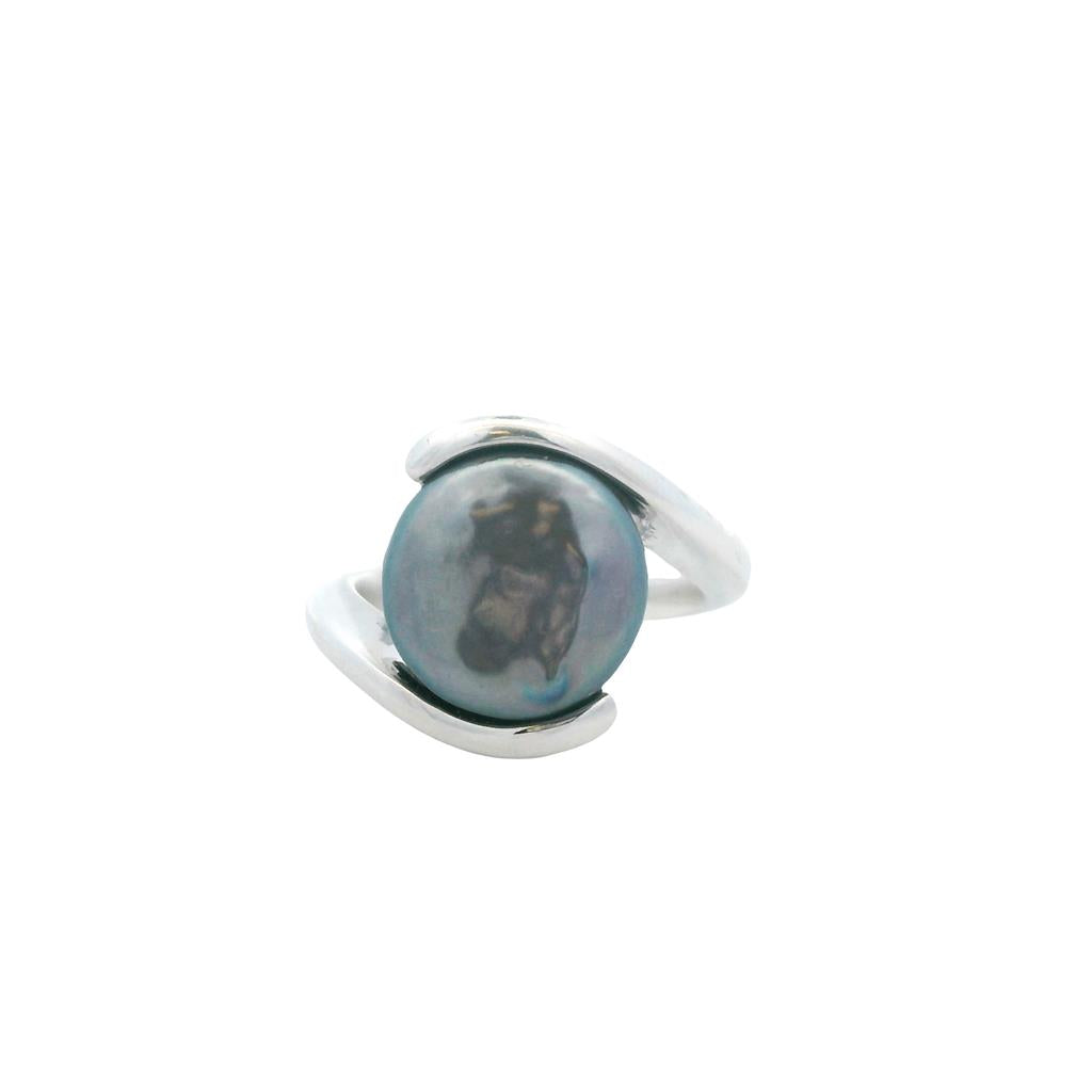  Estate Sterling Silver 12.5mm Black Freshwater Pearl Bypass Ring