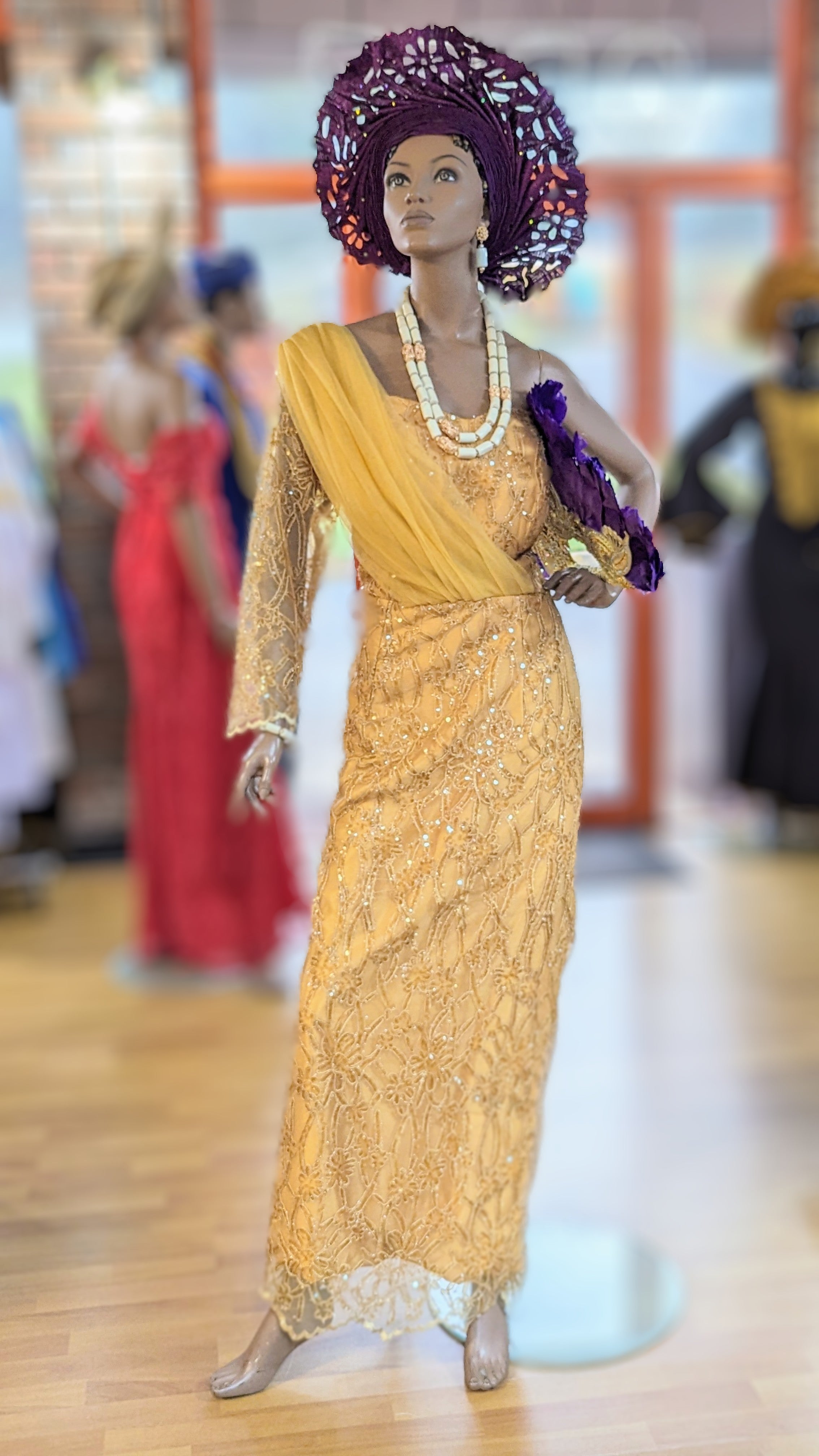 Orrezi Gold Taffeta lined African Net-lace Mono sleeve Maxi Bustier dress-DPXGNLD30、mySite、solidvoid